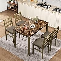 Sophia & William 5-Piece Faux Marble Dining Table Set for 4 - Solid Wood Farmhouse Kitchen Table & Chairs, Emperador Dark Marble & Olive