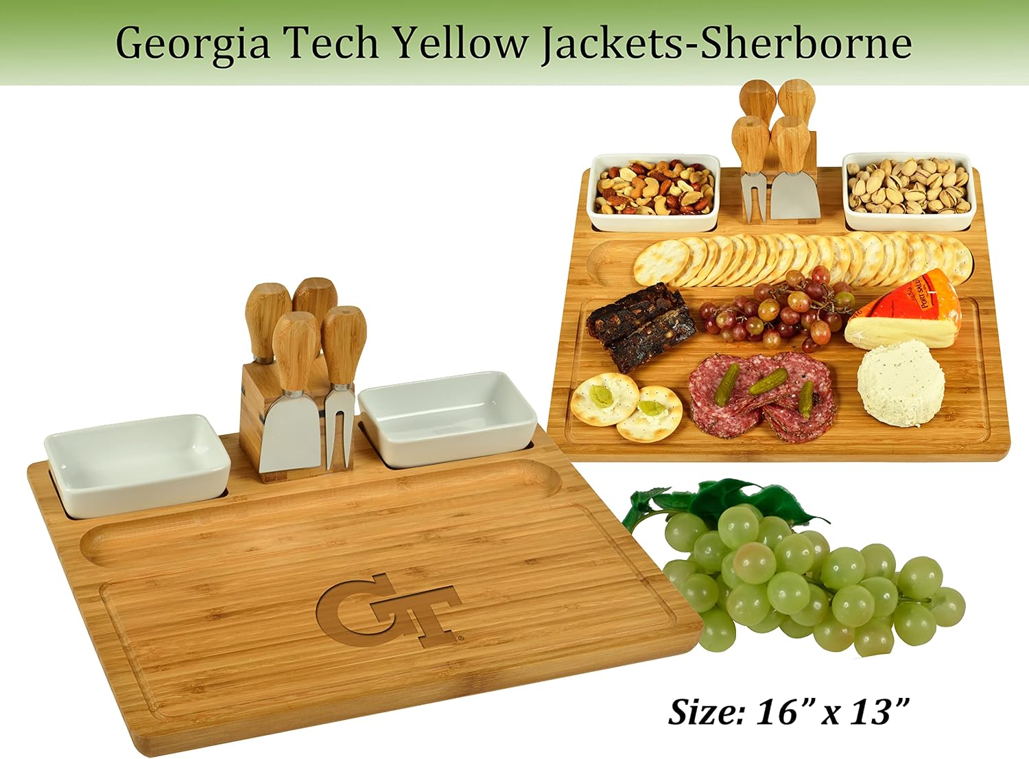 Picnic at Ascot NCAA Georgia Tech Officially Licensed Yellow Jackets Bamboo Cheese/Charcuterie Board with knife Set & cheese Markers