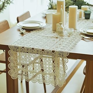 LINTONG Lace Table Runner, Farmhouse Rustic Macrame Dresser Scarf, Vintage Table Runner with Exquisite Embroidery for Coffee Table Kitchen Home Outdoor Picnic Wedding Decor, White 16 x 72 Inch