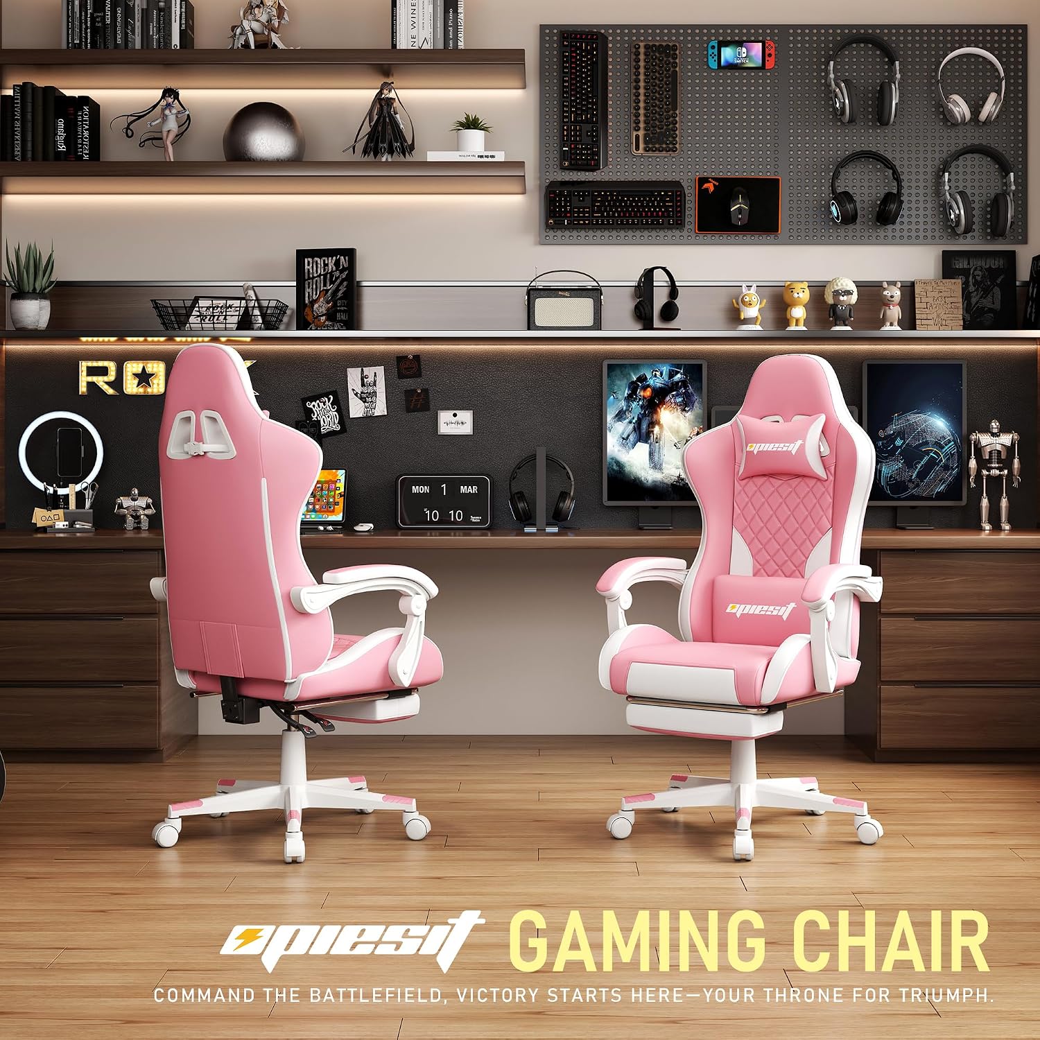 Opiesit Gaming Chair for Adults, Ergonomic Office Computer Chairs with Pocket Spring Cushion, PU Breathable Materials Video Game Chair, Linkage Armrest and Footrest Game Chairs... - Image 2