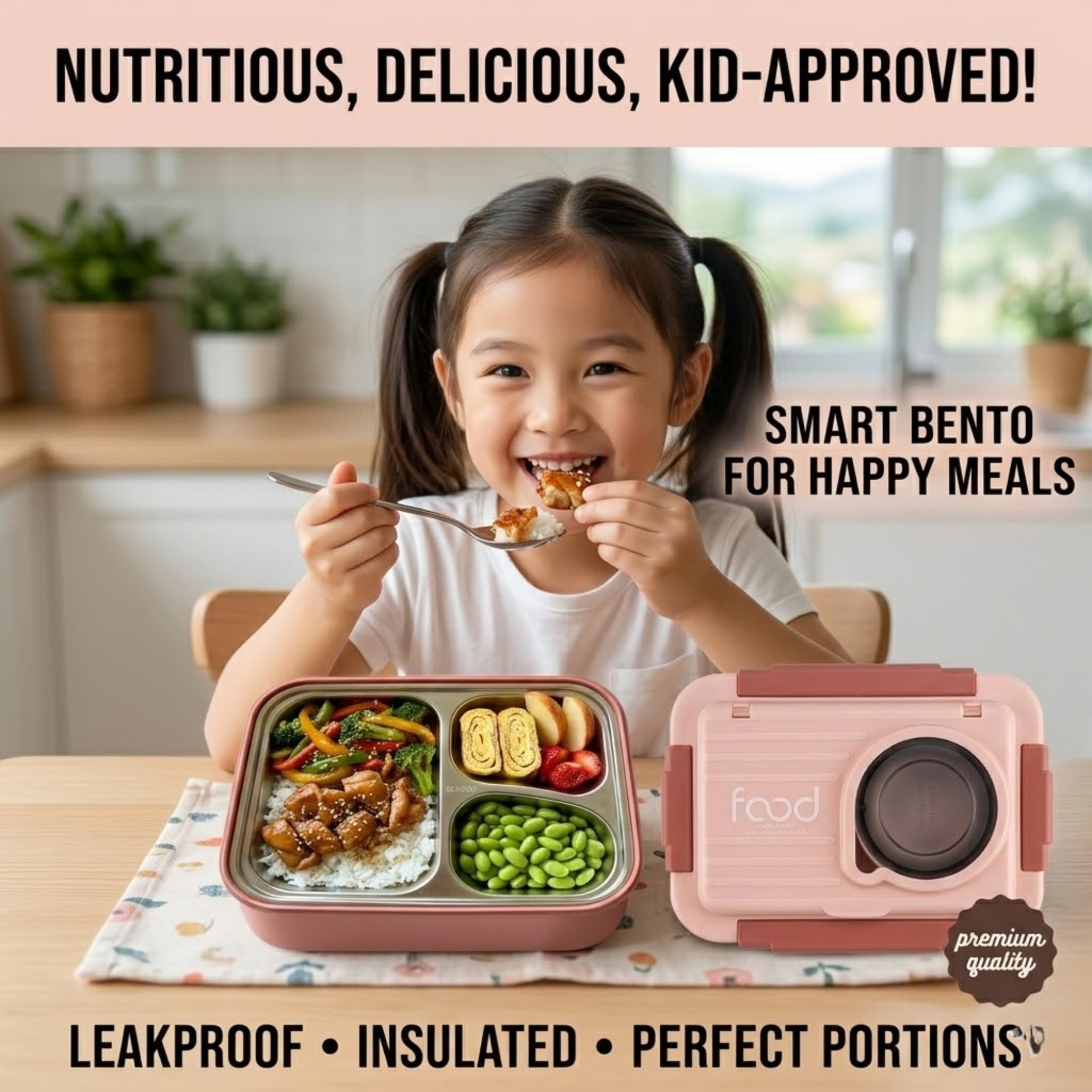 Kitchen Bloom Stainless Steel Bento Lunch Box 3 Compartment with Steel Cutlery, Heating Insulation | Lunch Box for Office Men, Women & Kids | Tiffin Box (Random Color) 1000 ML 2