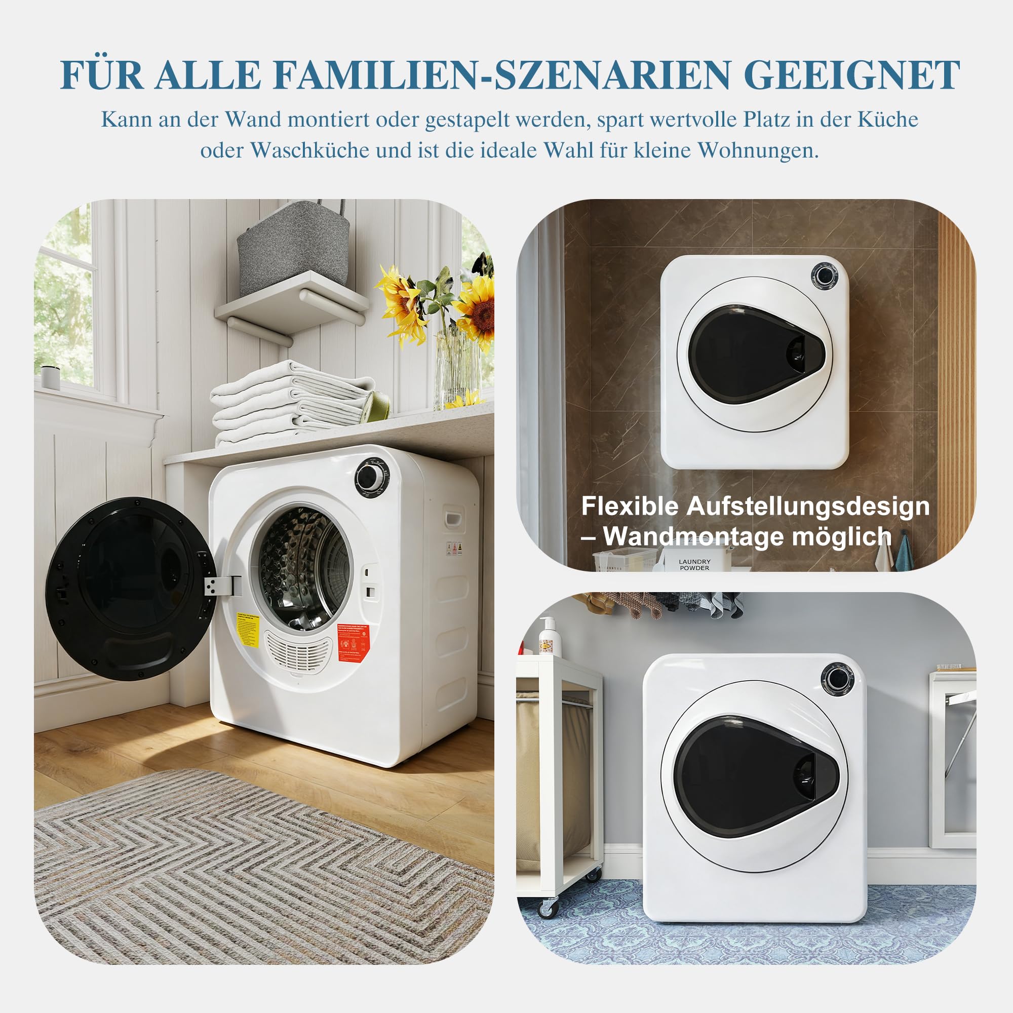 ECLIVON Secadora de Evacuación 4 kg con 4 Programas, Carga Frontal Secadora de Ropa 830 W, Montable en la Pared Secadora de Ropa con Tambor Inox, para Piso, Casa, Mobil Home, 59,5x49,5x41,5 cm, Blanco - 4