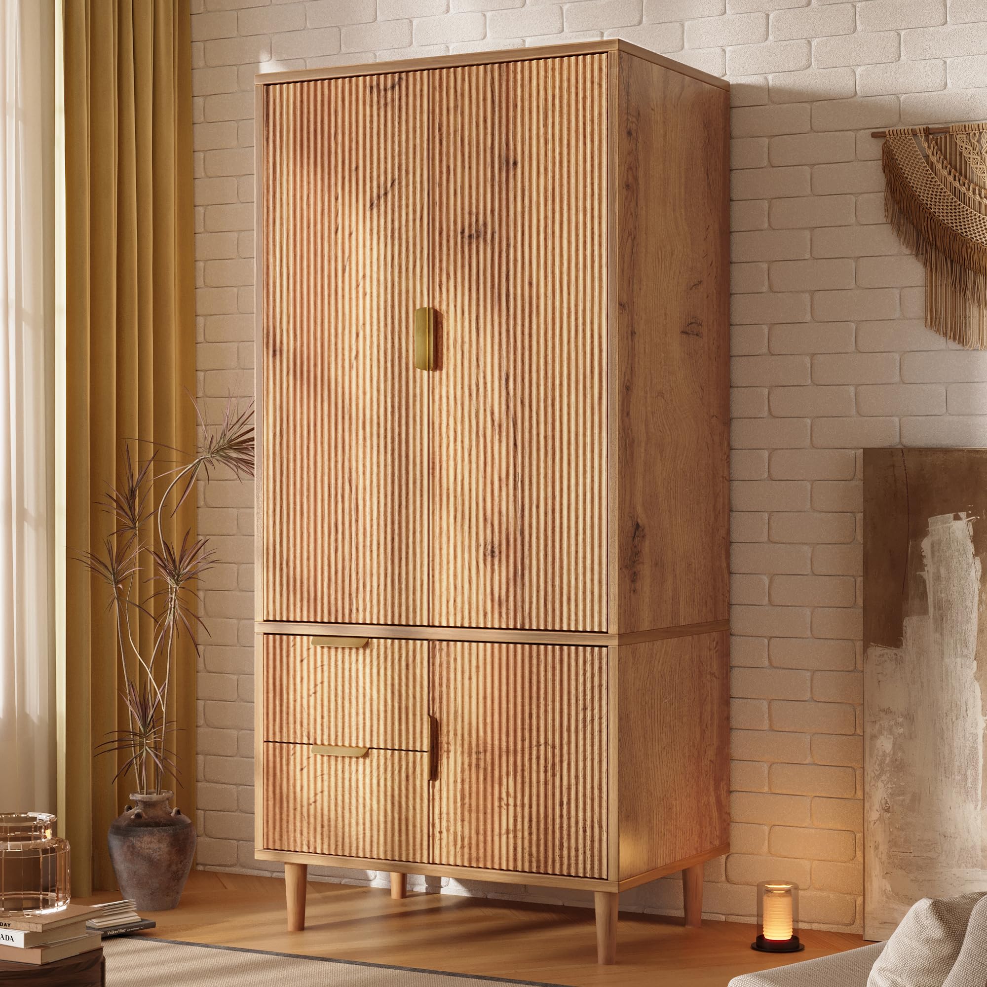 Armario 80 x 50 x 177 cm, aspecto de roble, madera con ranuras 3D, 3 puertas, 2 cajones, con barra para colgar y asas doradas