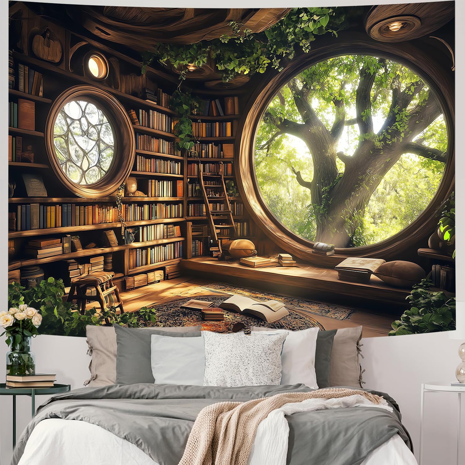 RichIdeas 80x60 Inches Tree Bookshelf Tapestry Window Tapestries Treehouse Tapestries Reading Blanket Decor for Windowless Office Room Bedroom Living Room Home Decor RITADJ1319