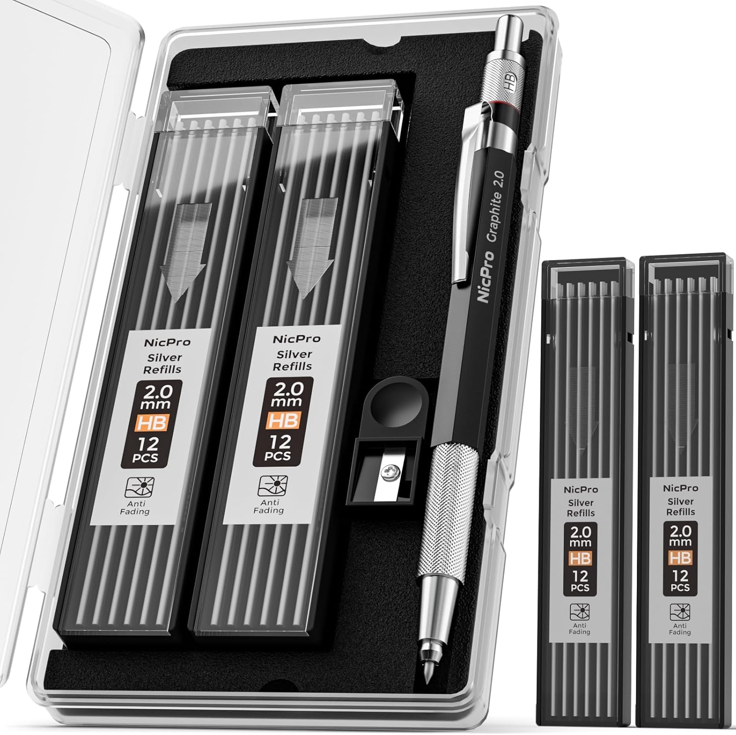 Nicpro 2mm Welder Mechanical Pencil Set with 24PCS Silver