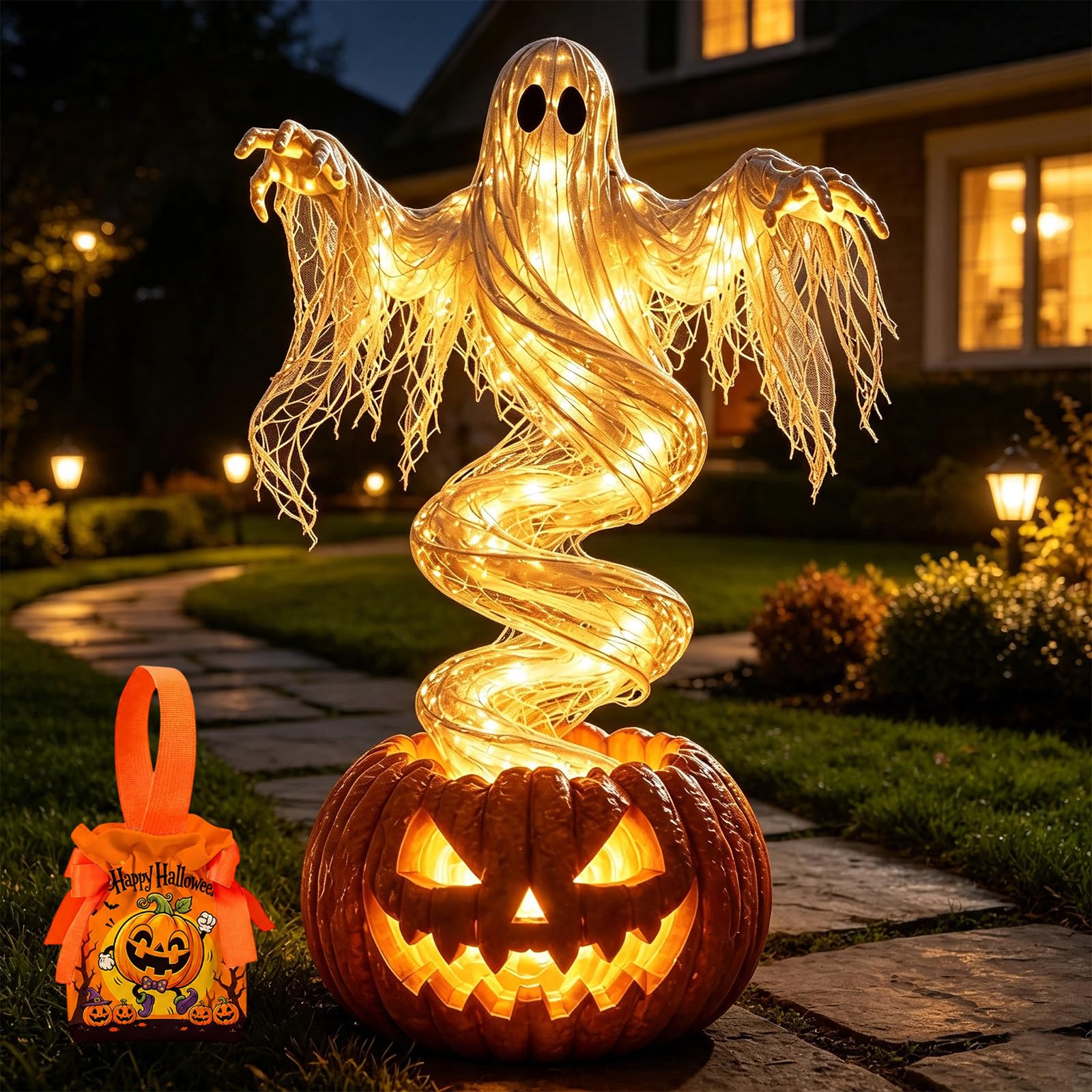 Drbrrly Swirling Ghost Pumpkin Yard Lamp, 51in LED Halloween Decorations Outdoor, Lighted Floating Ghost Rising from Jack-O-Lantern Base with Warm Glow for Porch Yard Garden Lawn Party Decor