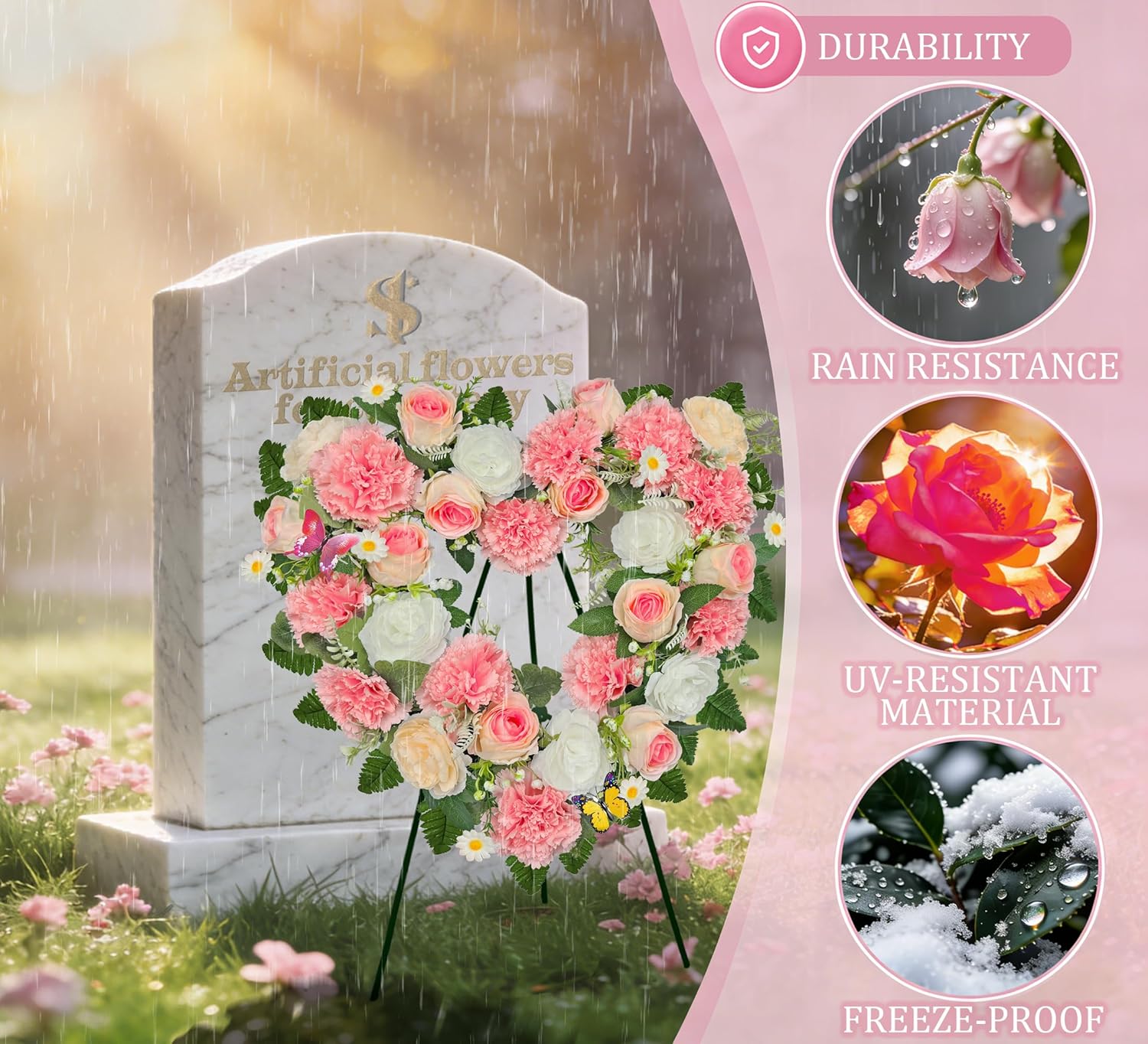 Cemetery Wreaths for Christmas - Ebullient Standing Heart, Grave Wreath with Easel Stand,Memorial Floral- Carnation Rose