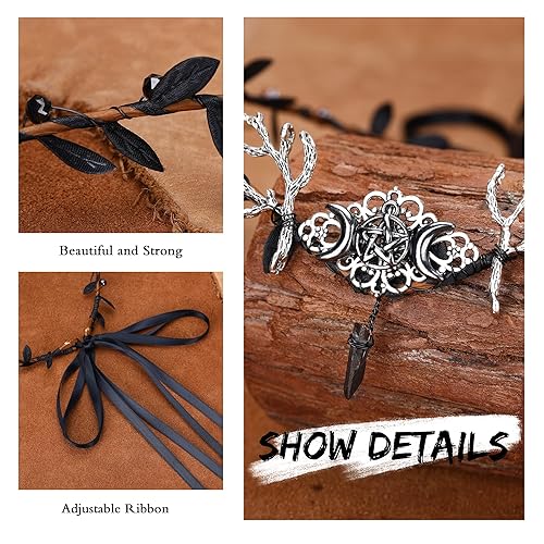 Miniatura 7 de MOSTORY Diadema hecha a mano con corona de bosque negro y hoja de elfo oscuro, tiara de bosque floral, tiara de hadas y luna, para mujeres y niñas,