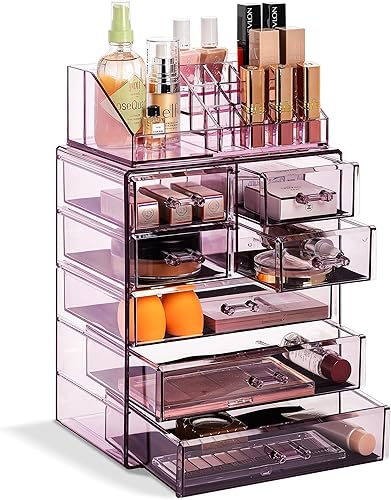 Sorbus Contenedor y exhibidor de acrílico para guardar cosméticos, maquillajes y joyas. Diseño espaciado. Excelente para el baño, la cómoda, el