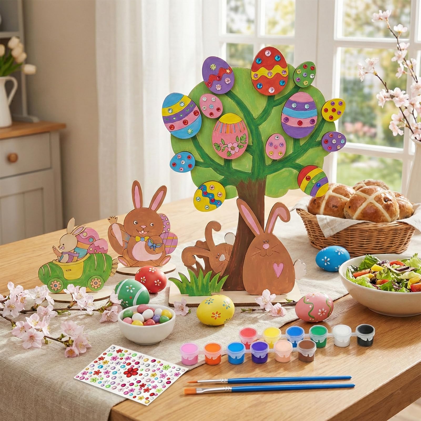 Kit De Bricolage Pâques En Bois Pour Enfants – Arbre De Pâques Avec 13 Œufs Et 3 Lapins, Déco De Printemps Pour Table Et Fenêtre, Activité Manuelle Créative