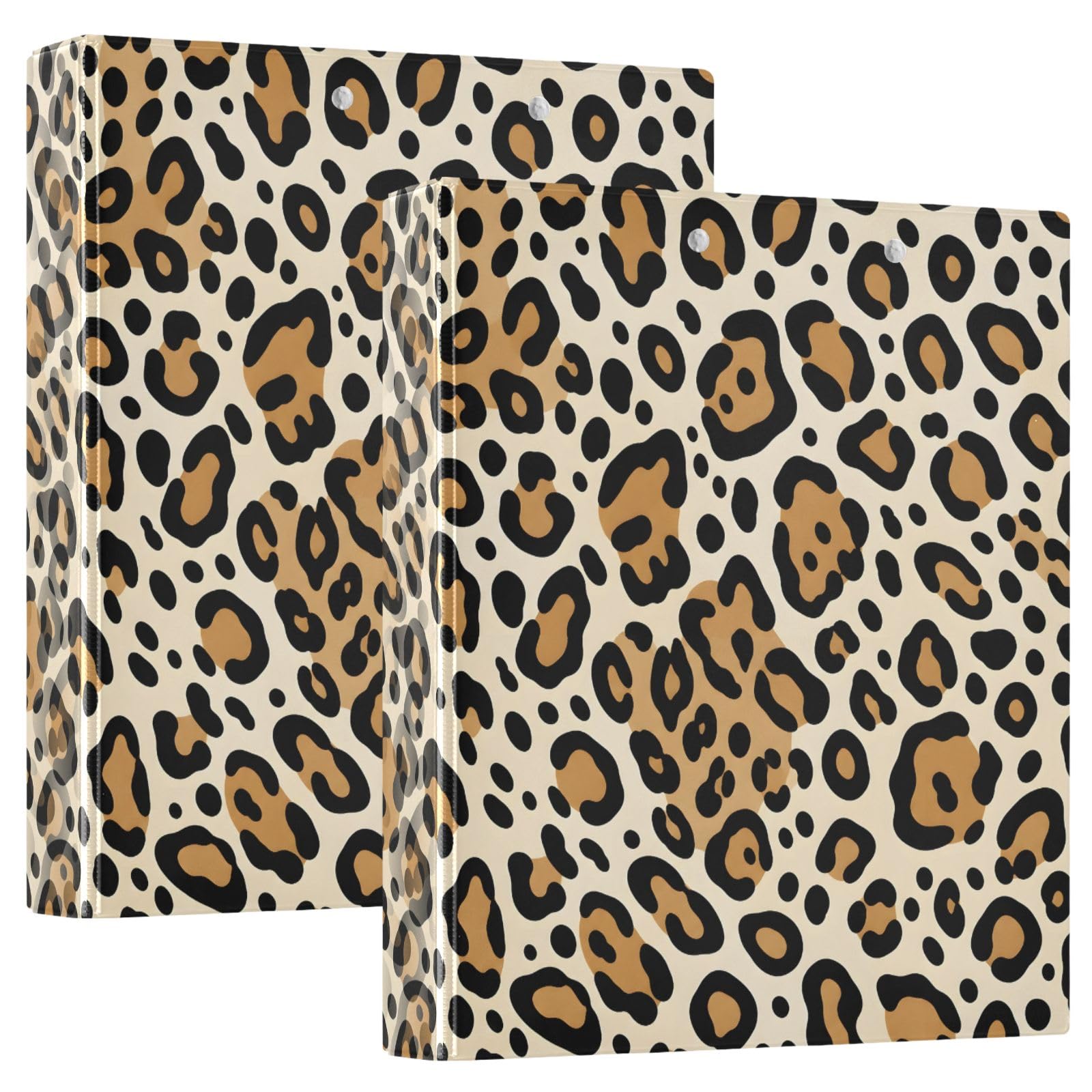 Raccoglitore a 3 anelli con stampa leopardata marrone, 3,8 cm, anelli rotondi per 200 fogli, 3 raccoglitori ad anelli con clip in metallo antiscivolo
