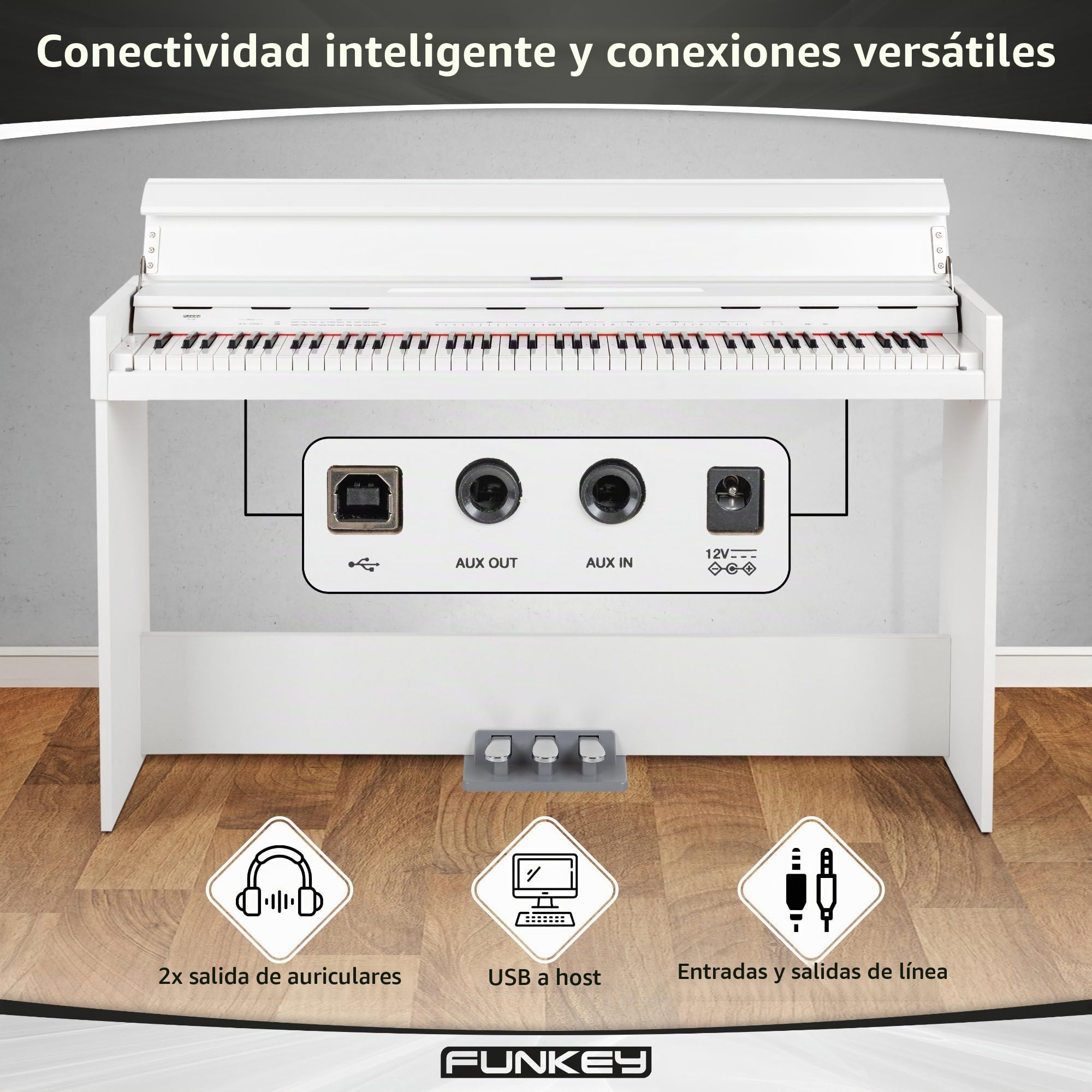 FunKey DP-1088 WM Teclado de piano digital delgado - 88 teclas sensibles a la velocidad y 3 pedales - 20 sonidos - Altavoces estéreo integrados y 2 tomas para auriculares - Blanco mate