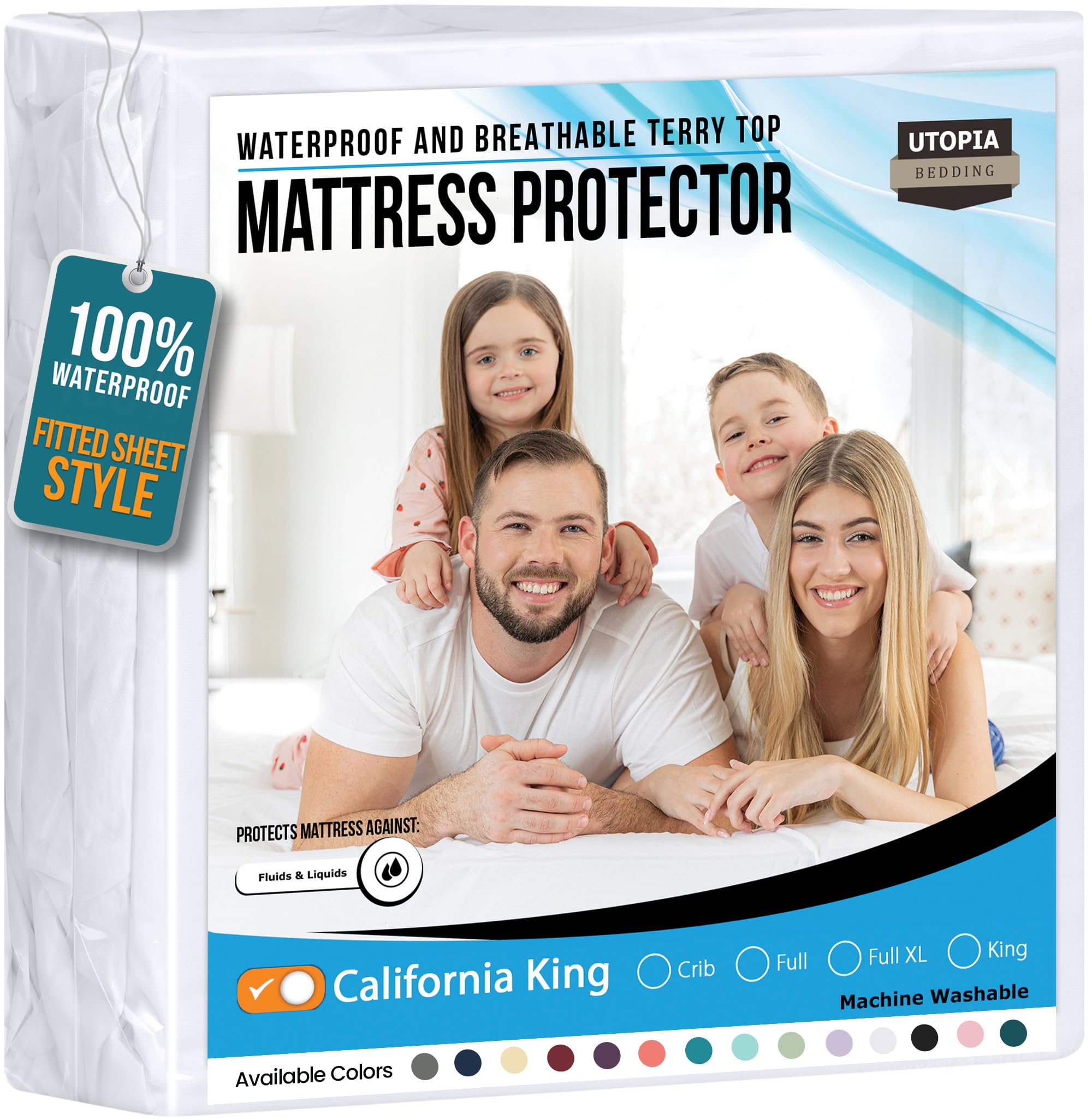 Utopia Bedding Waterproof Mattress Protector California King Size, Premium Terry Mattress Cover 200 GSM, Breathable, Fitted Style with Stretchable Pockets (White)
