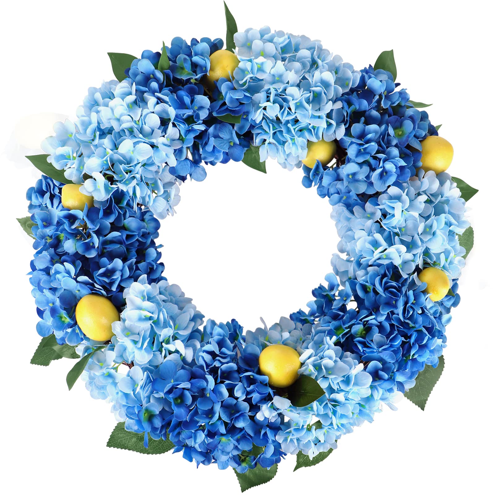 Kmise Sommer-Frühlingskranz für Haustür, 66 cm, große blaue Hortensien, Zitronenkranz für Tür, Fenster, zum Aufhängen, Hochzeit, Party, Dekoration