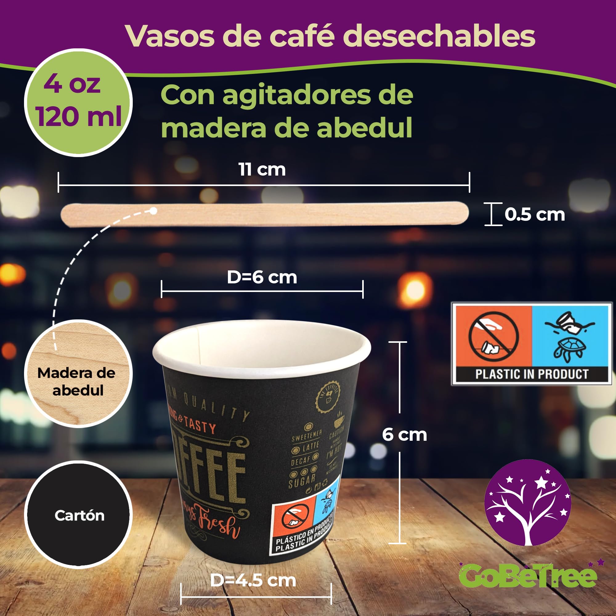 150 vasos desechables café de 120 ml, vasos de cartón desechables con paletinas de madera para café. Para bebidas frías y calientes