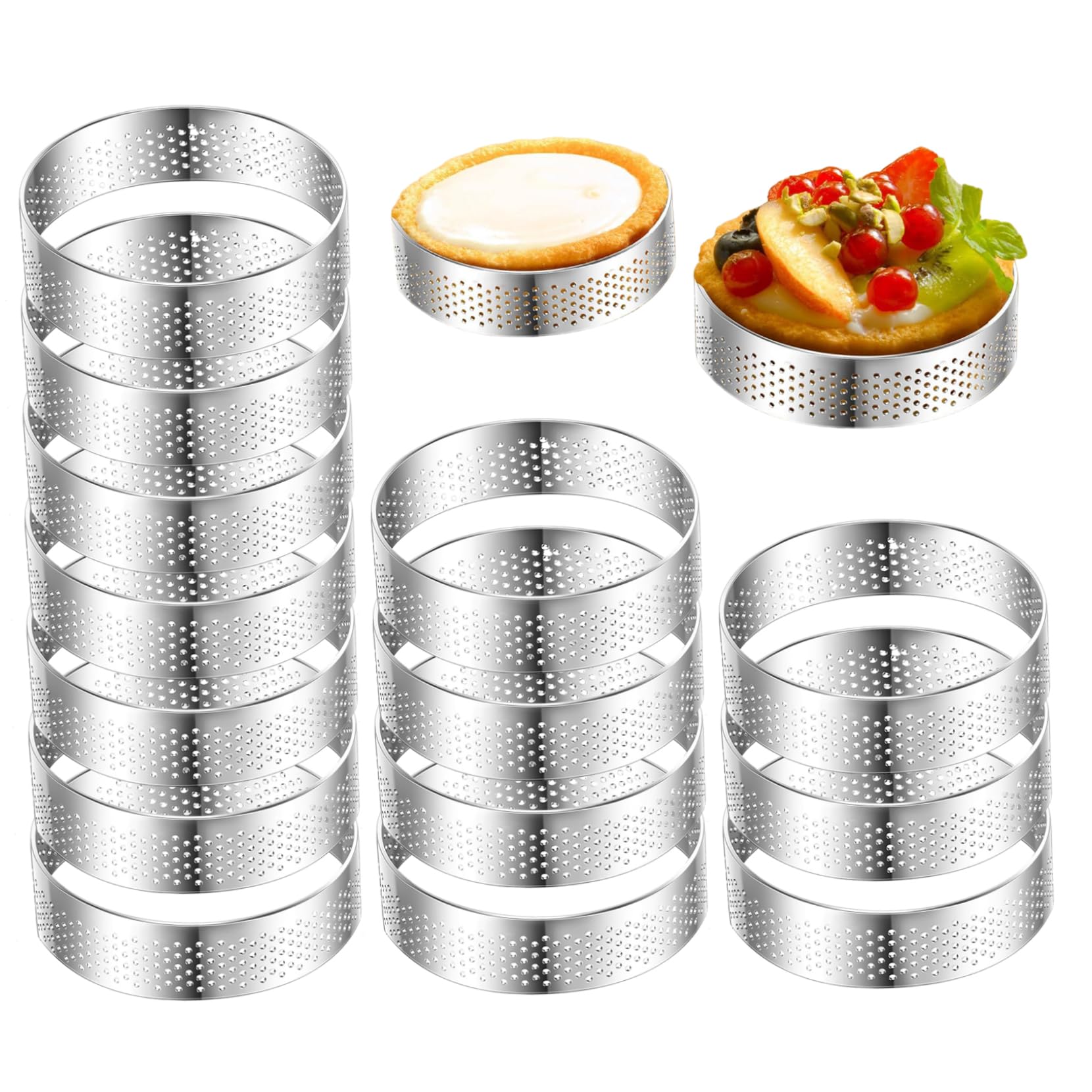 Bemonew Cookie Rings for Baking Tart Rings 14PCS 2 Inch Perforated Crumpet Nonstick Stainless Steel Cake Ring for Baking Cookie Muffin Pastry Dessert Mousse