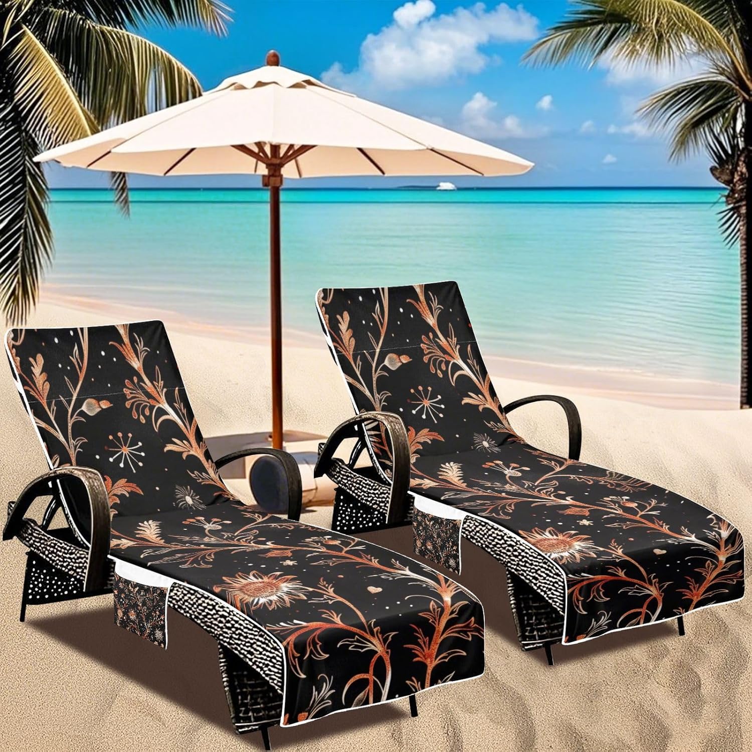 Vintage Rose Gold Floral Pattern on A Black Background Patio Chaise Lounge Chair Cover Microfiber Soft Outdoor Chair Covers with Windproof Straps for Pool Sunbathing Beach Garden, 85" X 30"