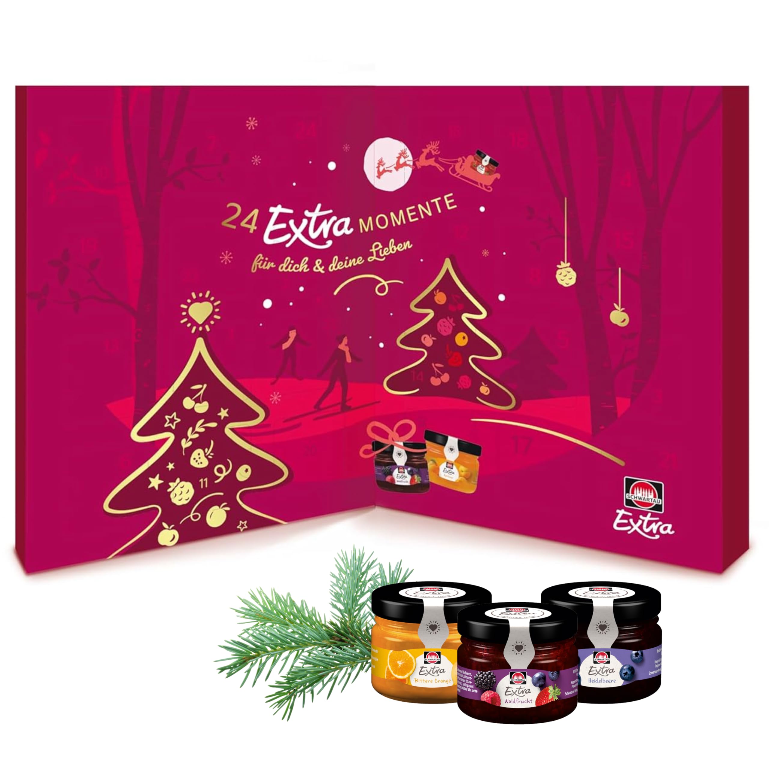 Schwartau Adventskalender 2025, Weihnachtskalender Geschenk mit Mini Marmelade, Konfitüre, Gelee und Honig, 24 Fruchtaufstrich & Honig Portionsgläser, Probierset zu Weihnachten, Advent und Feiertage