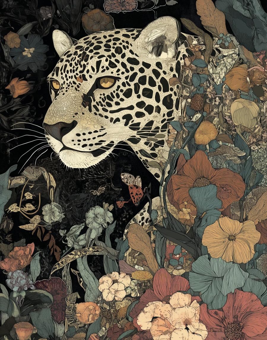WANGWANGMIAO Paint by Numbers-Leopard Meets Flowers DIY Canvas Oil Painting Kit for Adults Beginner with Paint Brushes and Acrylic Pigment,16X20 Inch，with Frame