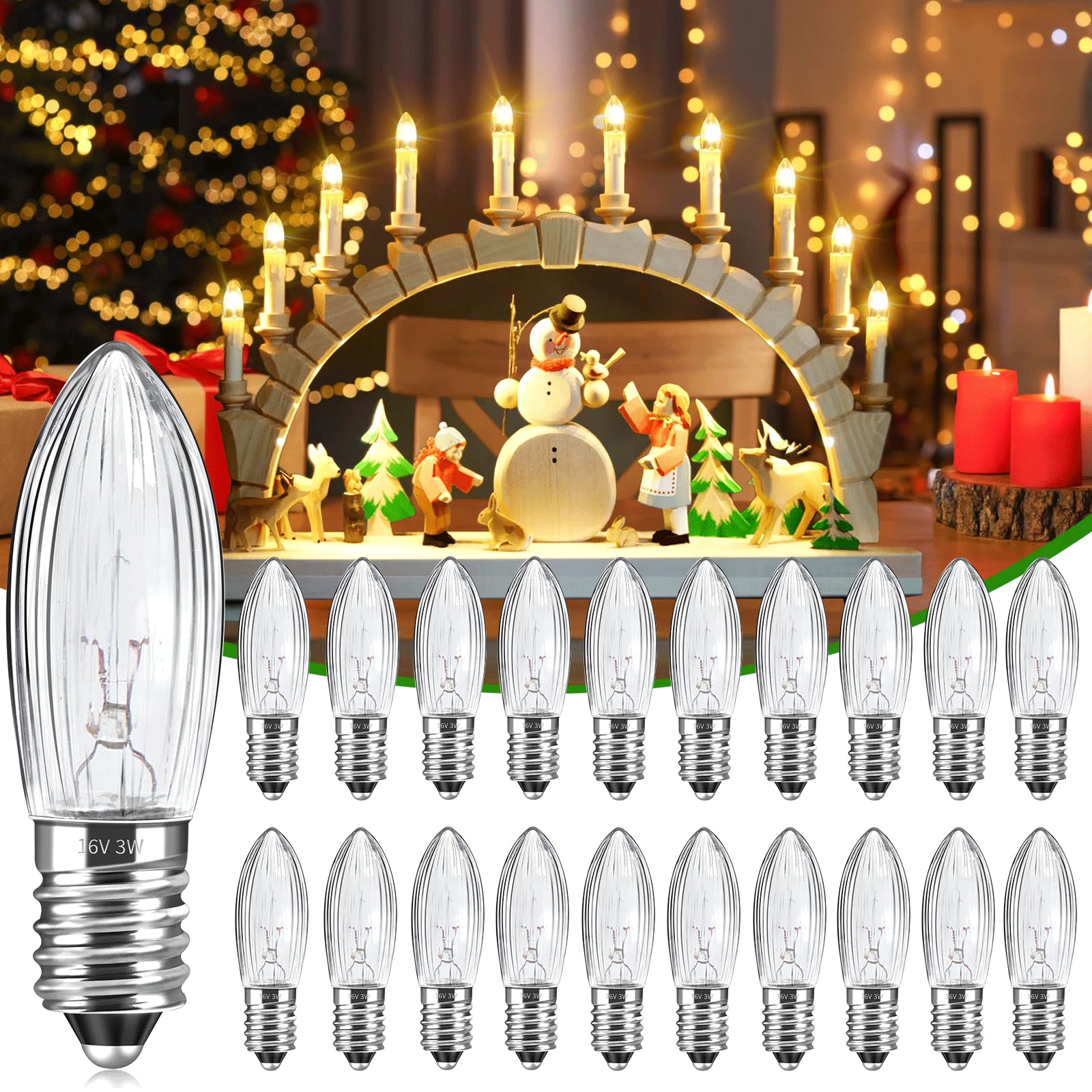 Caldarax 20 Pack E10 16V 3W Candle Bulbs, Bridge Replacement Bulbs, Warm White 2700K, MES Spare Christmas Light Bulbs for Arch, Candlestick, Pointed Candle, Fairy Lights