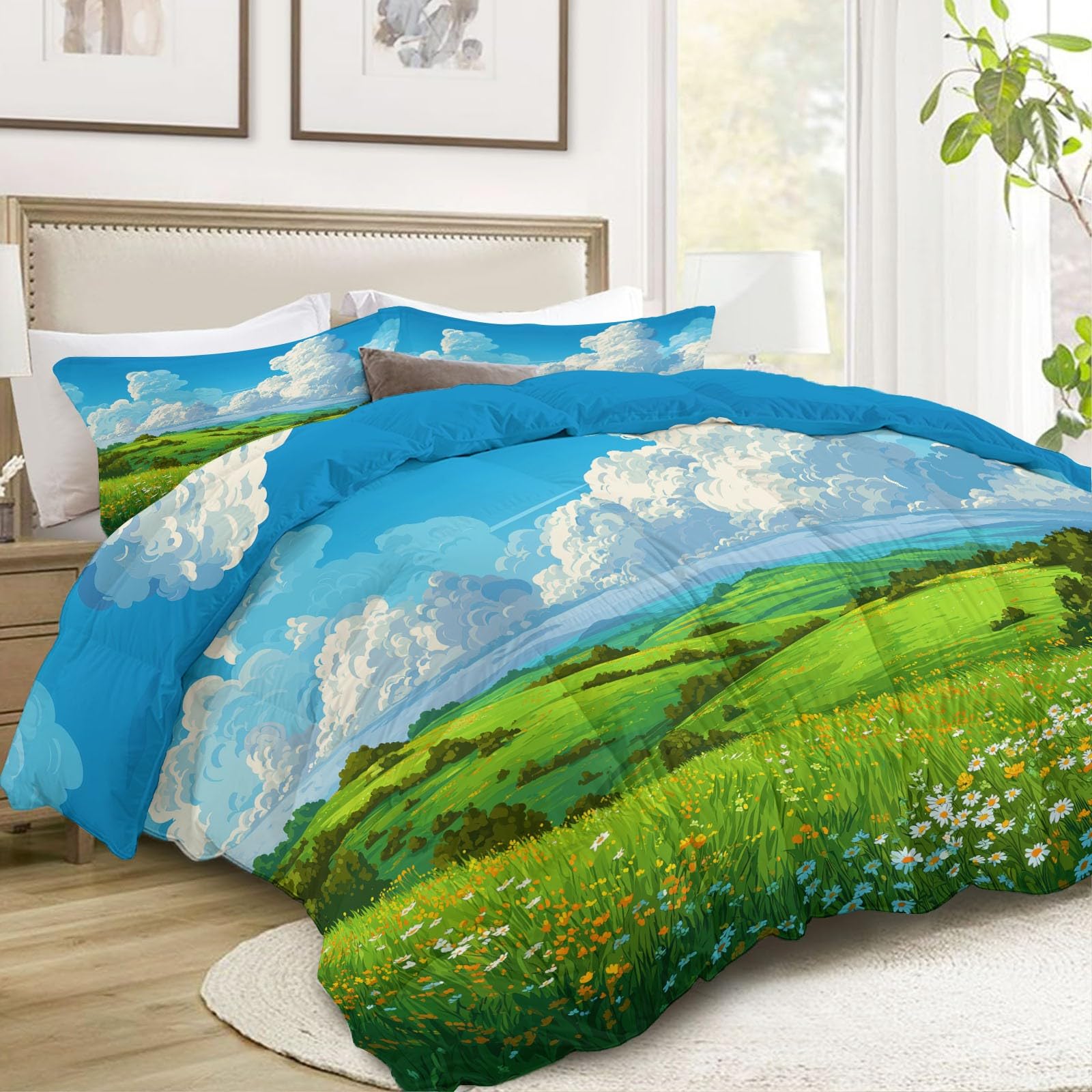 Komplet pościeli z wypełnieniem 220 x 240 cm z kreskówki, wzgórza łączne w jednym, oddychająca i nadająca się do prania mikrofibra Edredón - 3-częściowy zestaw z 2 poszewkami na poduszki, elegancki