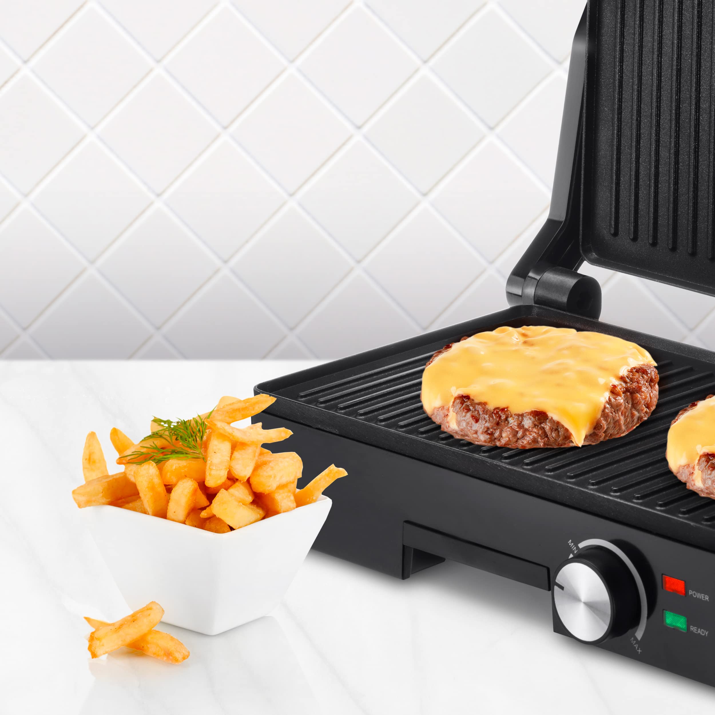 Ufesa Teide Parilla Eléctrica, Panini Press Grill, 1600W, Placas Antiadherentes, Apertura 180º, Regulador de Temperatura, Asa Toque Frio, Negro