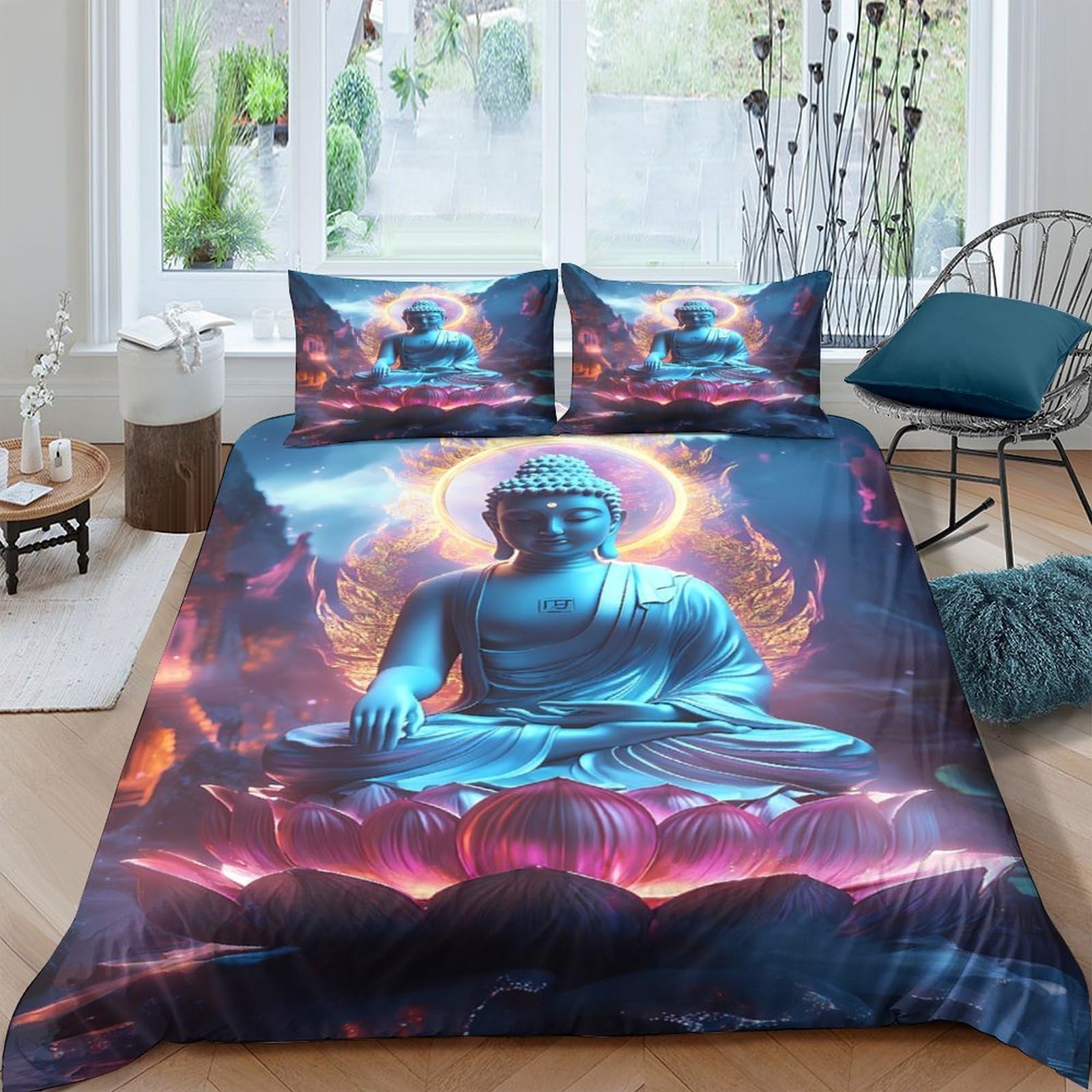Ctjqhvkz Style-7 3D Printed Blue Buddha Fitted Sheet Microfiber Soft Breathable Lotus Temple Mattress Cover For Bedroom Dorm Decor Single（135X200cm）