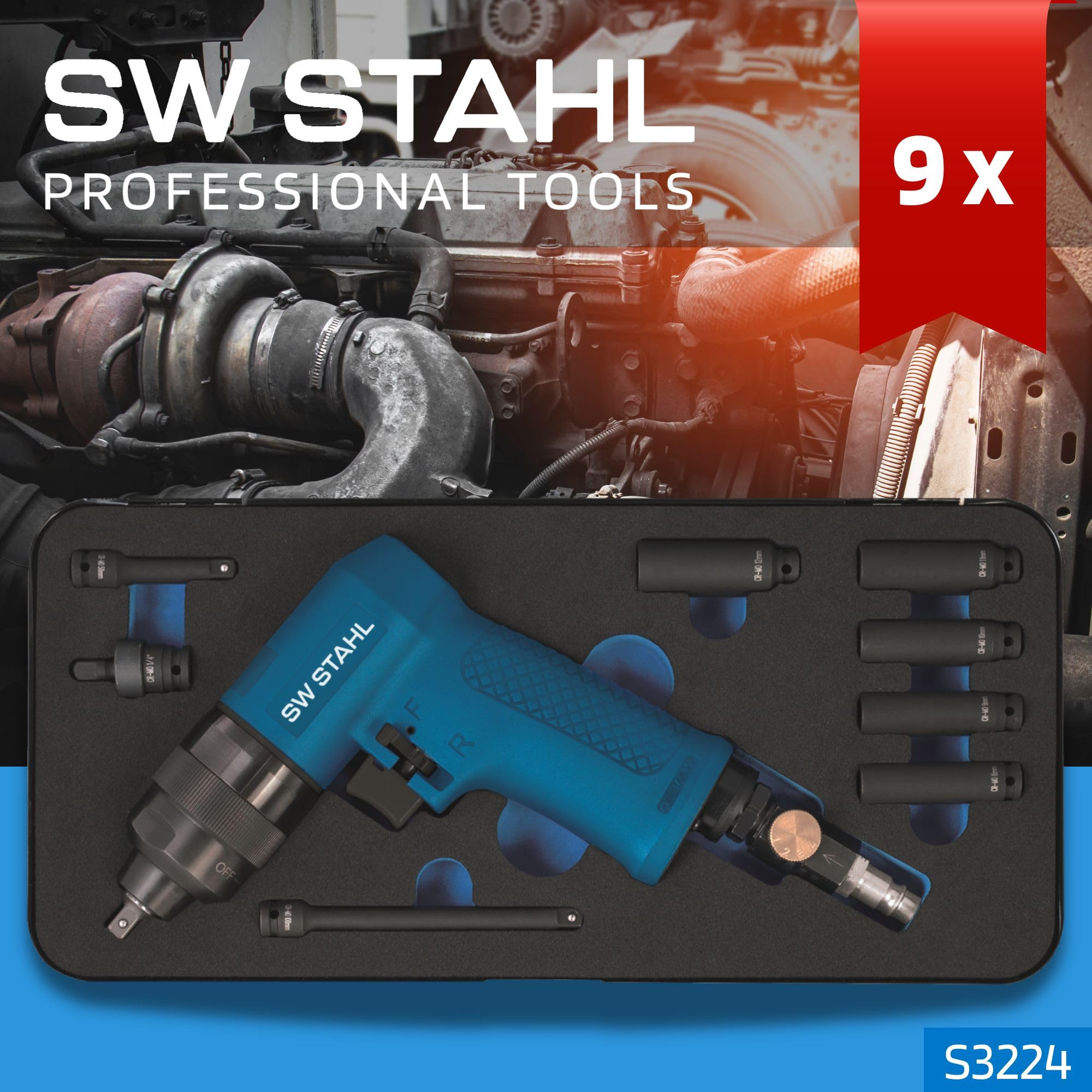 SW-Stahl S3224 Zestaw Wkrętaków Udarowych 1/4", 9 el. do Świec Żarowych | Pneumatyczna wkrętarka udarowa do świec żarowych, moment 20-40 Nm, nasadki 8-12 mm, przedłużki i przegub w zestawie.