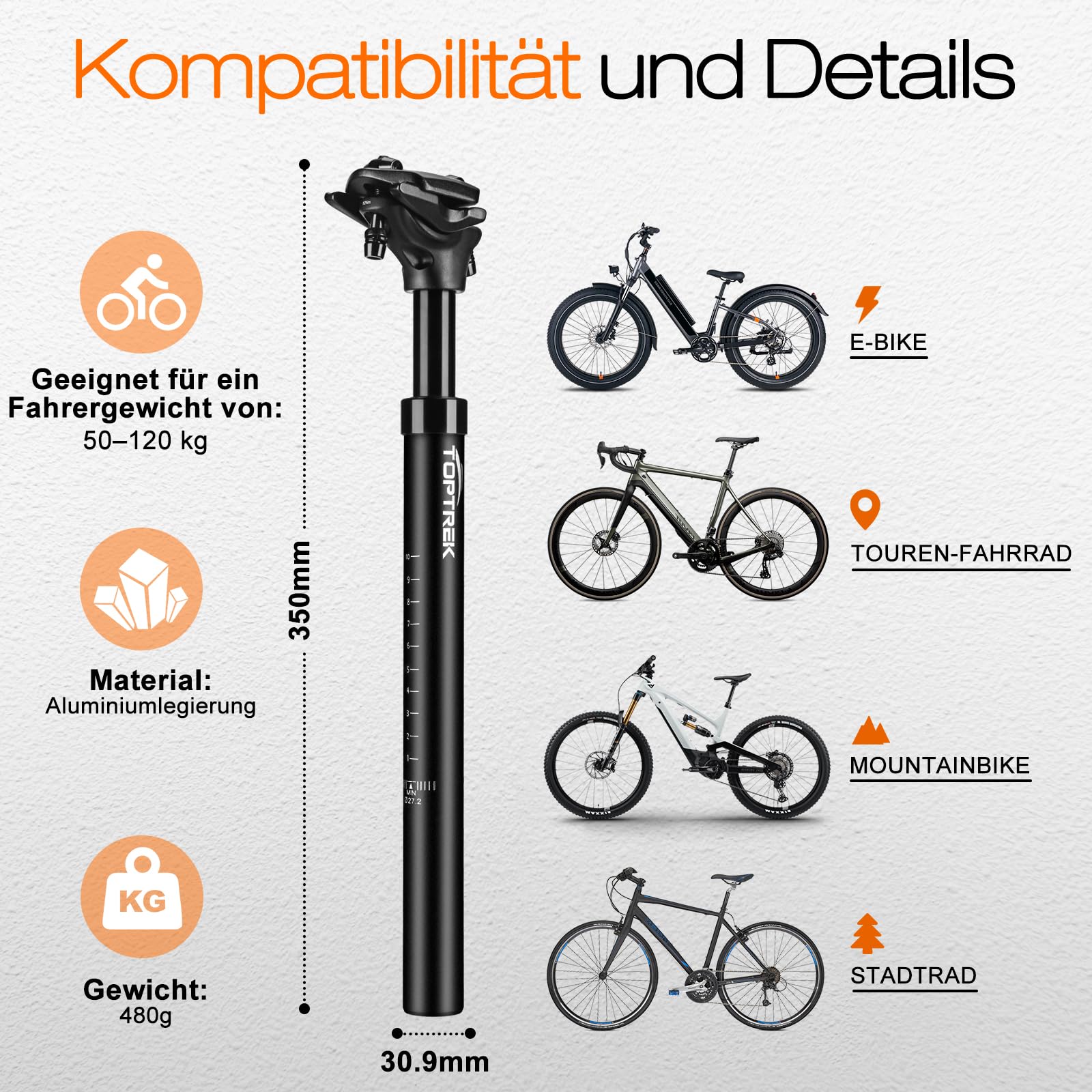 toptrek Tija de sillín con resorte de 30,9 mm, tija de sillín con 3 muelles incluidos, tija de sillín de suspensión de 50 – 120 kg, suspensión para alivio de la columna vertebral, para bicicleta de