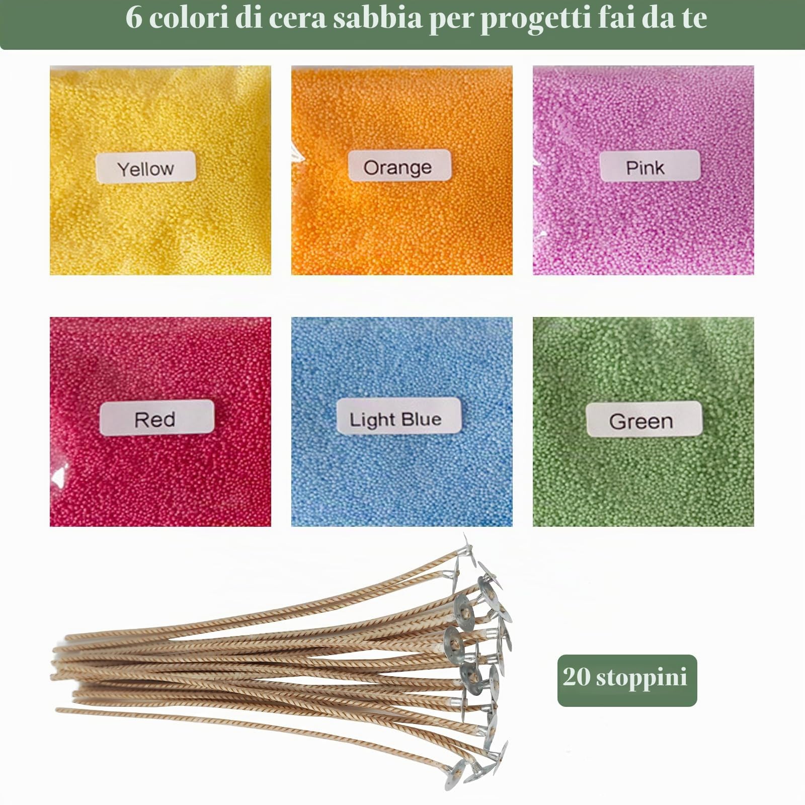 Cera di Sabbia Colorata con Stoppini 6 Colori Sabbia di Cera Perlata per Candele - 900g
