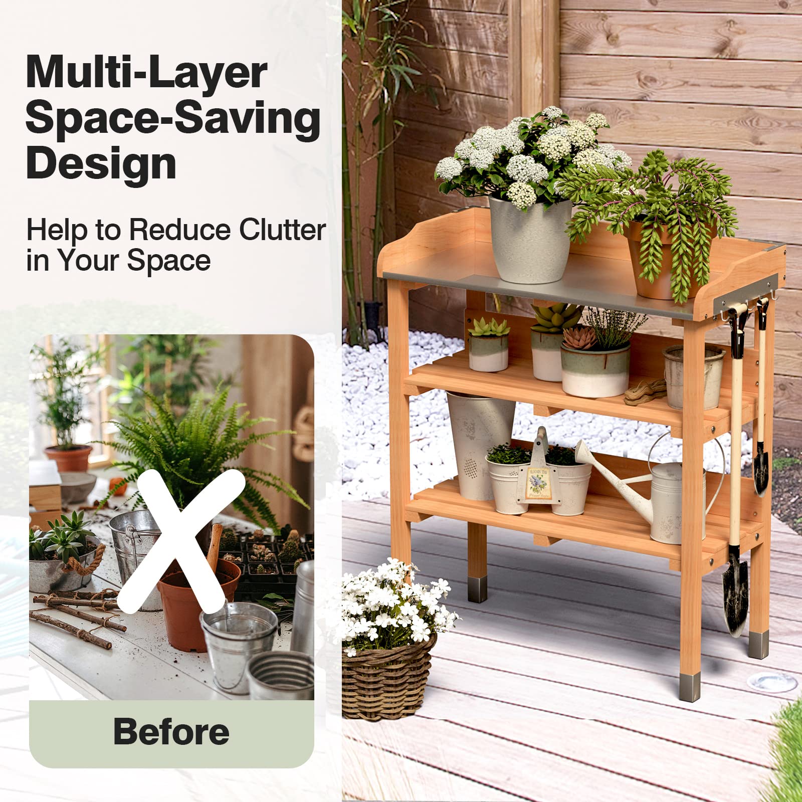 Giantex Garden Potting Bench, Outdoor Wood Workstation Table with Galvanized Steel Tabletop, 5 Hooks, 2-Tier Storage Shelves, Outside Work Station Potting Table with Raised Edge, Easy Assembly - Image 7
