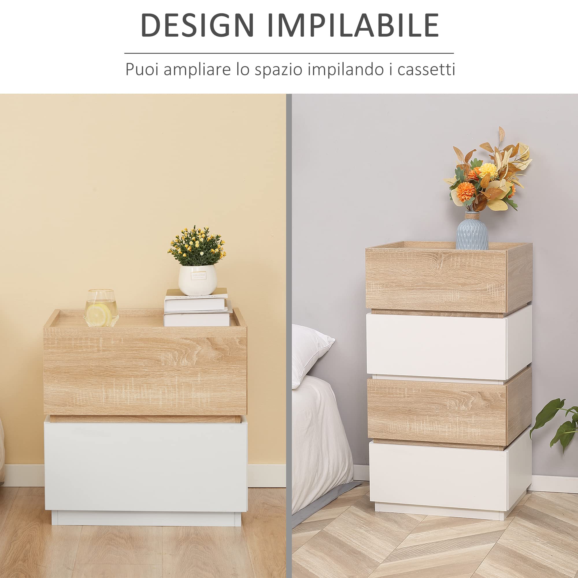 HOMCOM Comodino 2 Cassetti Design Moderno e Impilabile, Tavolino per Soggiorno e Salotto in Legno, 50x40x47.5cm, Bianco e Legno