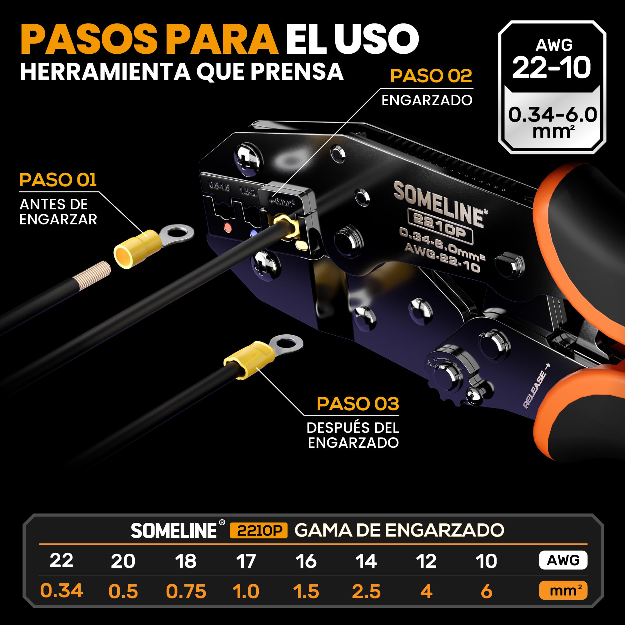 SOMELINE Kit de Crimpadora Terminales Eléctricos, 26 Tipos de Terminales Preaislados, 0,34–6mm² Crimpadora Autoajustable de Trinquete, para Electricista, Automoción y Bricolaje