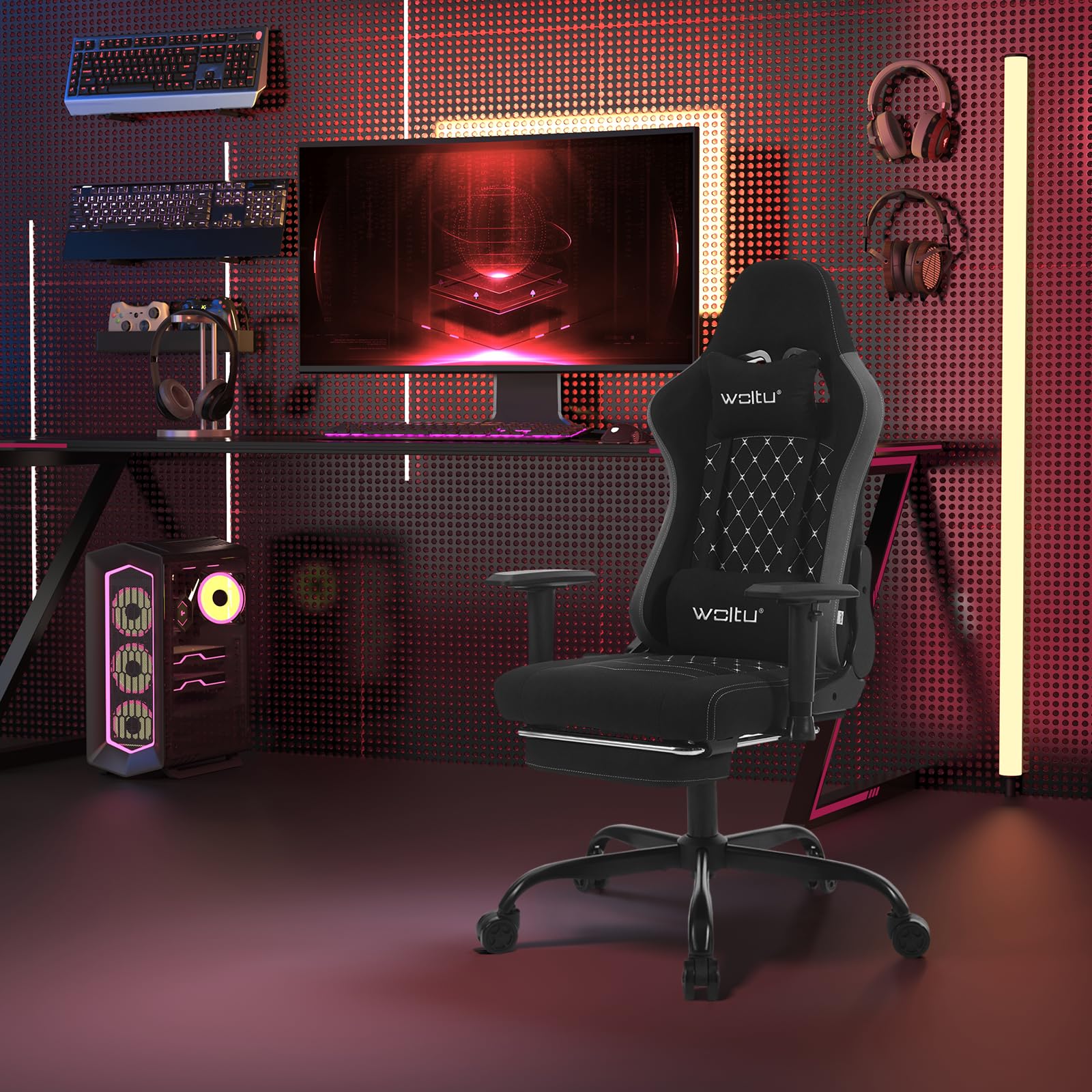 WOLTU Sedia Gaming con Massaggiatore, Poltrona Ufficio Ergonomica, Sedia da Scrivania reclinabile, Poggiatesta,Supporto Lombare, 150 kg, Tessuto tecnologico, Nero+Grigio