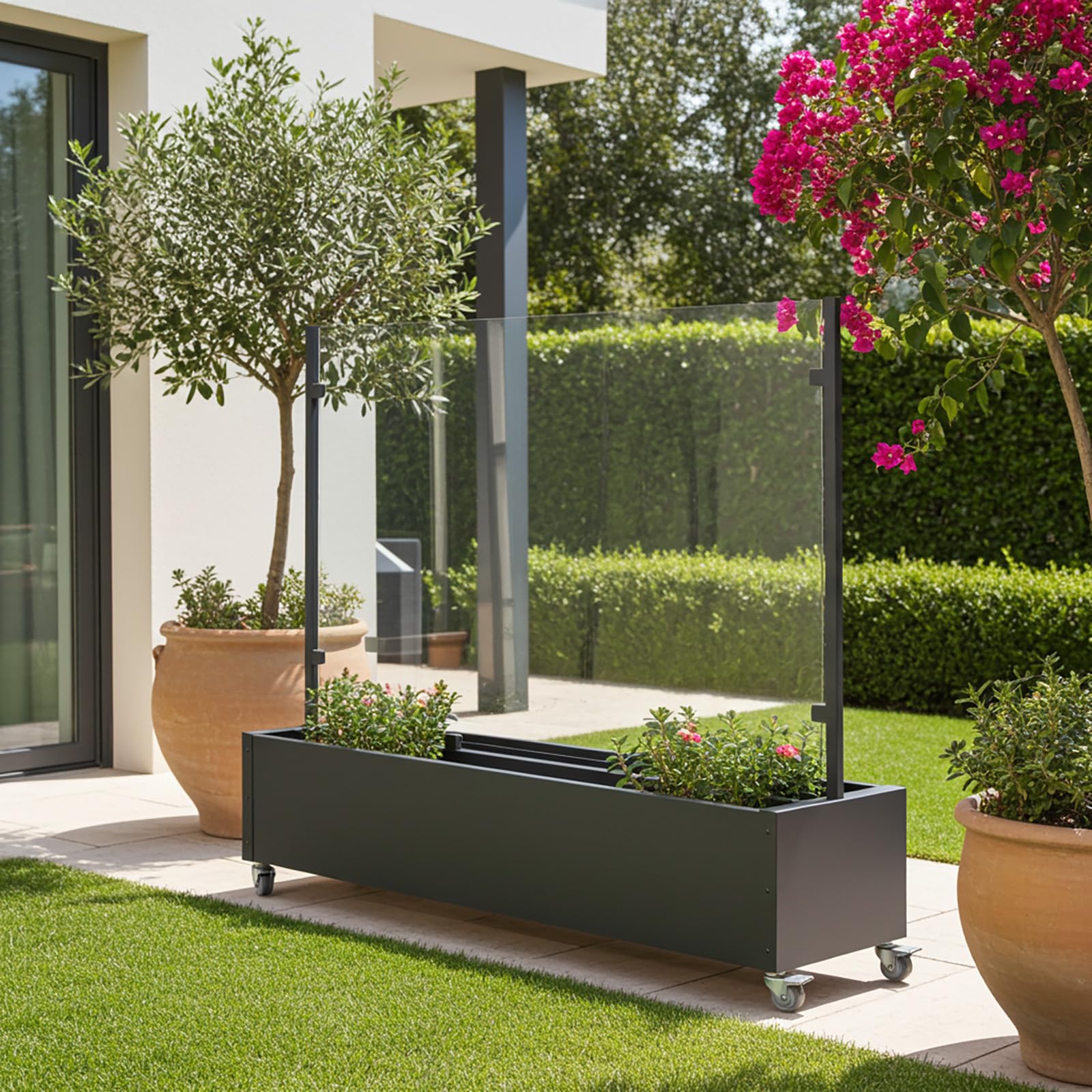Windschutz mit Pflanzkasten 196 cm mobil mit 4 Rollen – Glas Sichtschutz Terrasse Balkon Garten – Aluminium anthrazit – wetterfest & UV-beständig – moderner Raumteiler Outdoor (Scheibe transparent)