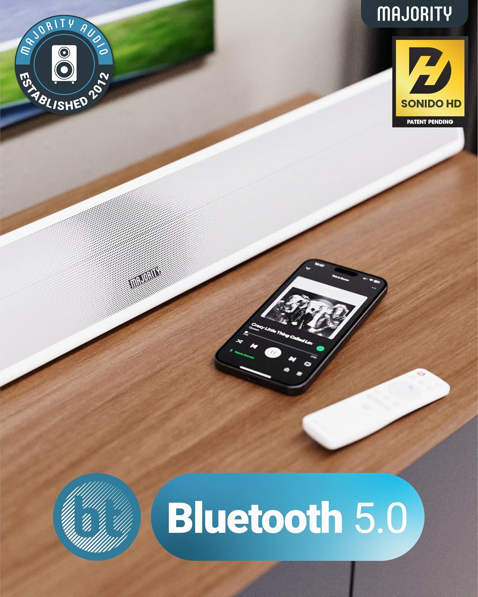 MAJORITY Barra de sonido Bluetooth para TV | Barra de sonido estéreo de montaje en pared | 120 vatios y sonido de 2.1 canales | Barra de sonido con subwoofer integrado, control remoto incluido, barra