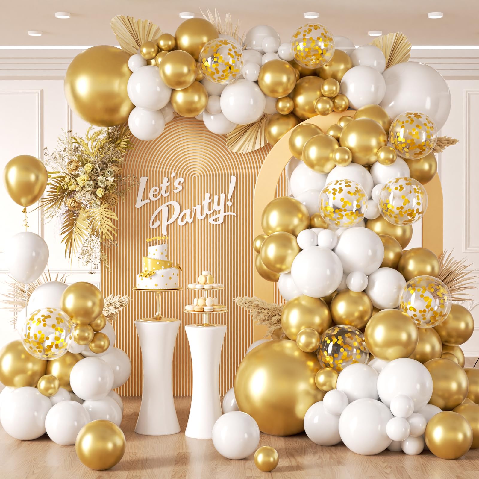 Photo 1 of 132pcs White and Gold Balloon Arch Kit, Metallic Gold and White Balloons Different Sizes of 18 12 10 Inch Balloons for Wedding Bridal Baptism Engagement Baby Shower Birthday Party Decorations