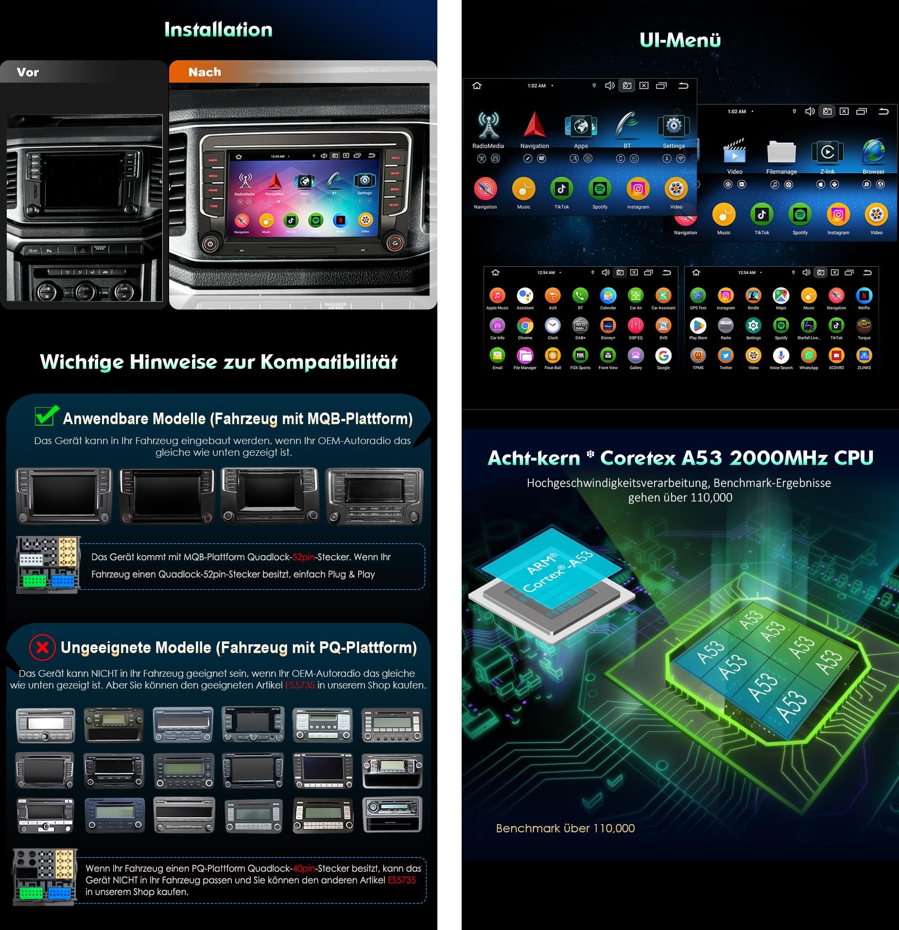 7 Zoll 8-Kern 4GB+64GB Android 14 Autoradio mit GPS Navi für VW Crafter Amarok Caddy Polo 6R Transporter T6 Skoda Yeti Bluetooth CarPlay Android Auto WiFi 4G DSP DAB+ OBD2 USB DVB-T2 Canbus OPS SWC