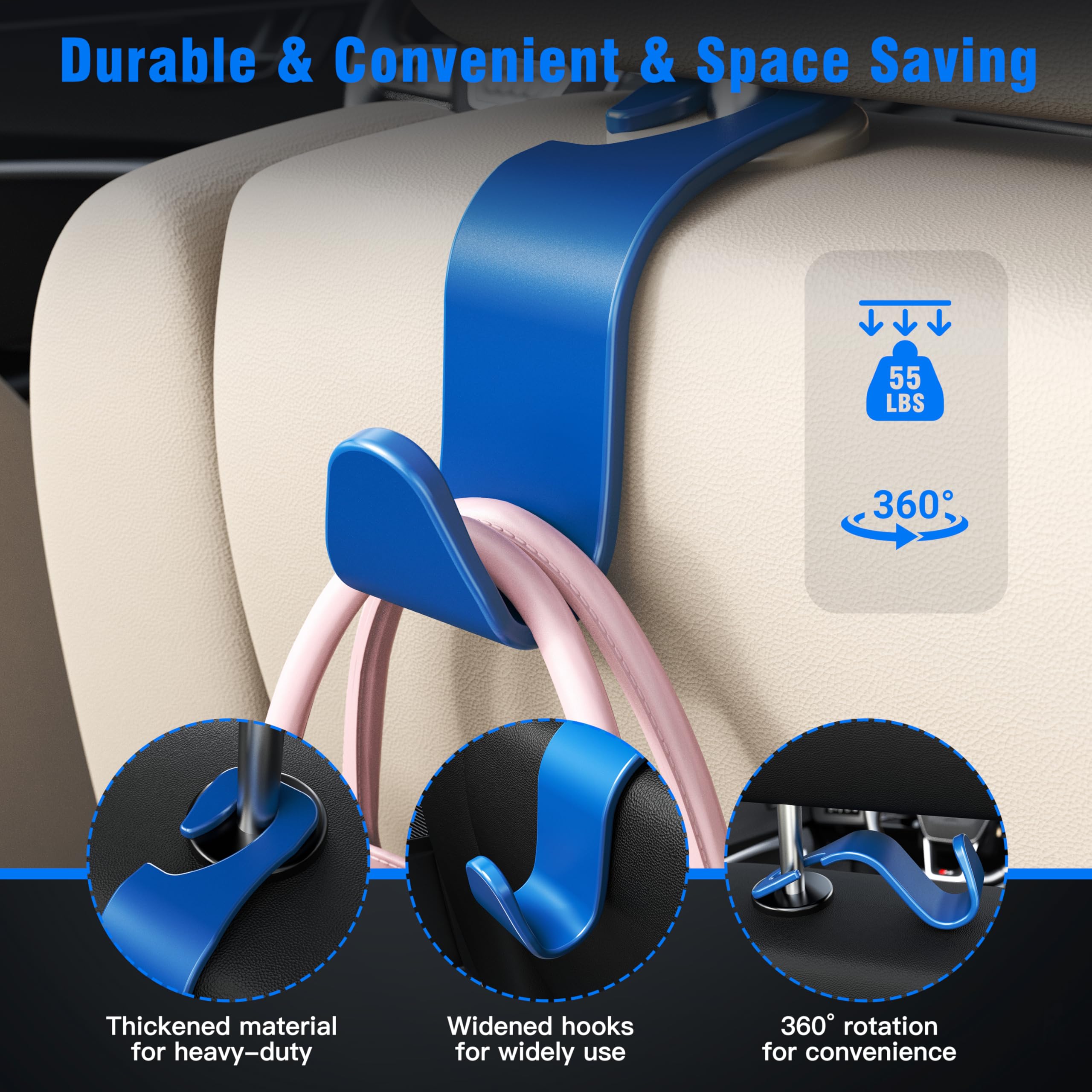 4-Pack Car Headrest Hooks Holds 55lbs Seat Storage Organizer for Bags view 5