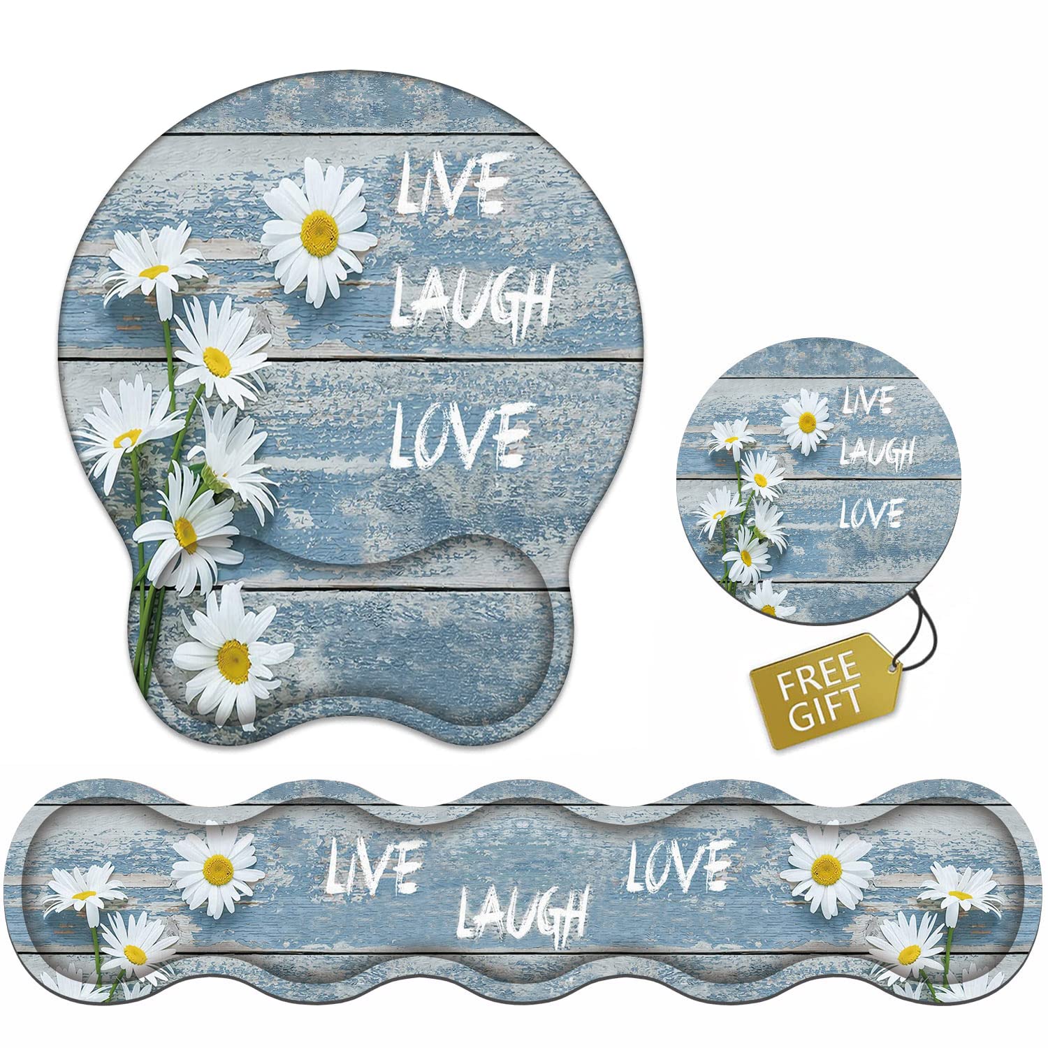 Keyboard Wrist Rest and Mouse Pad Wrist Support Set, Non-Slip Rubber PU Base for Home Office Working Studying Easy Typing & Pain Relief, Dreamy Daisy Vintage Wood Board Live Laugh Love