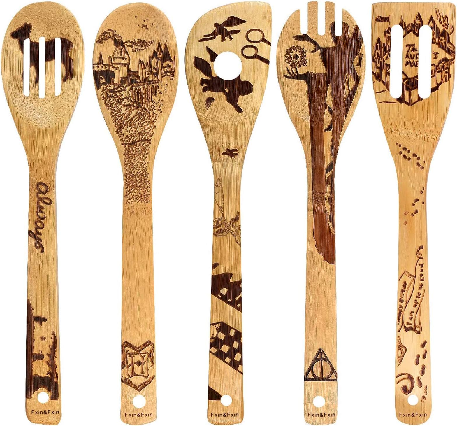 Burned Wooden Utensils Cooking Set Magic Wizard Organic Bamboo Slotted Spoons Turners Carved Spatulas for Cookware Kitchen Gadgets set of 5