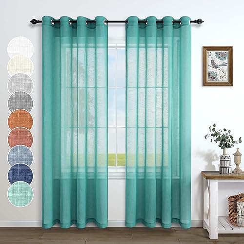 Pitalk Cortinas transparentes con aspecto de lino verde azulado, 52 x 84 pulgadas de largo