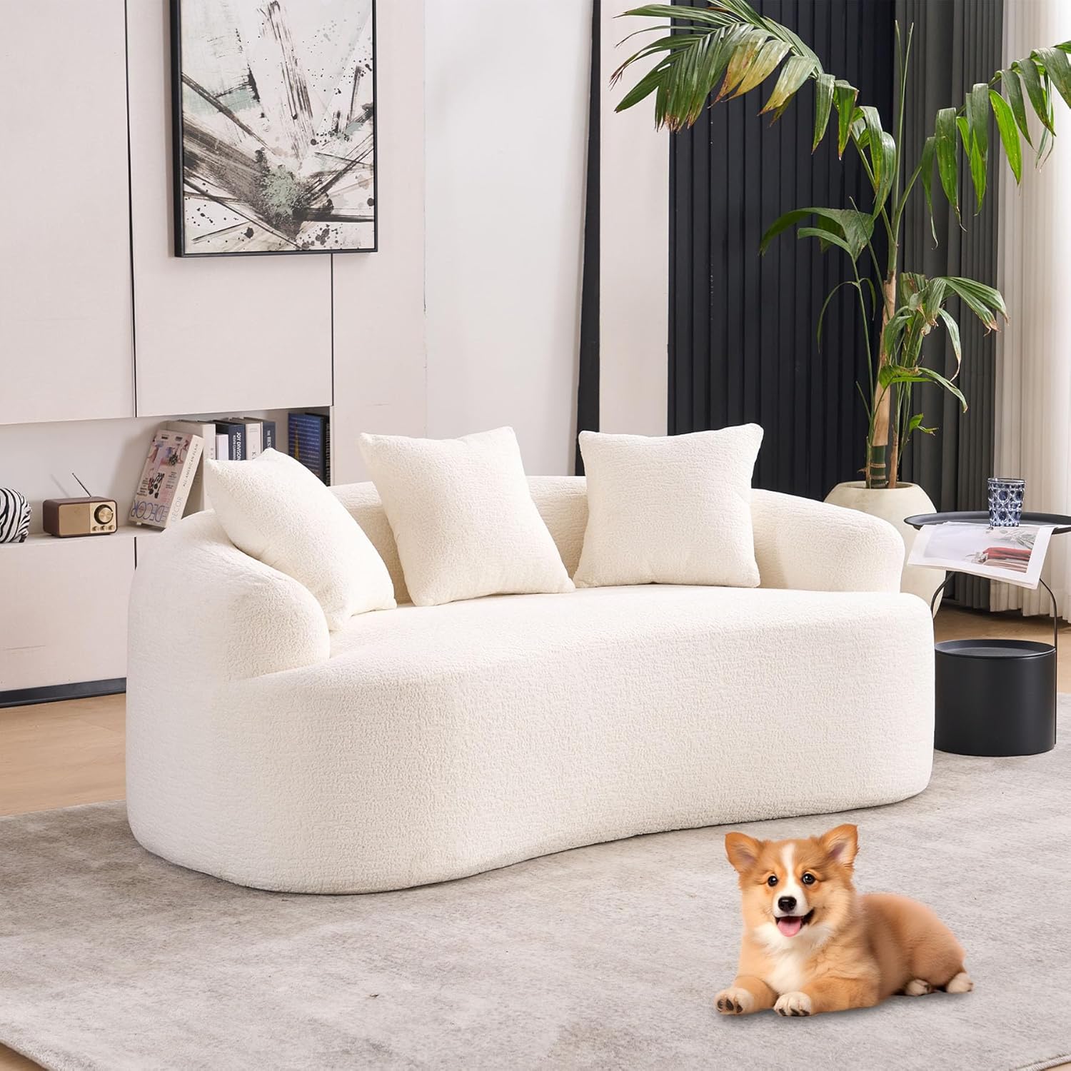 65” Cloud White Curved Couch& Loveseat Sofa with 3 Pillows, Compression Couch with Round Armrest, Suitable for Small Space, Bedroom, Living Room, Memory Foam, Chenille, No Assembly (Cloud White)