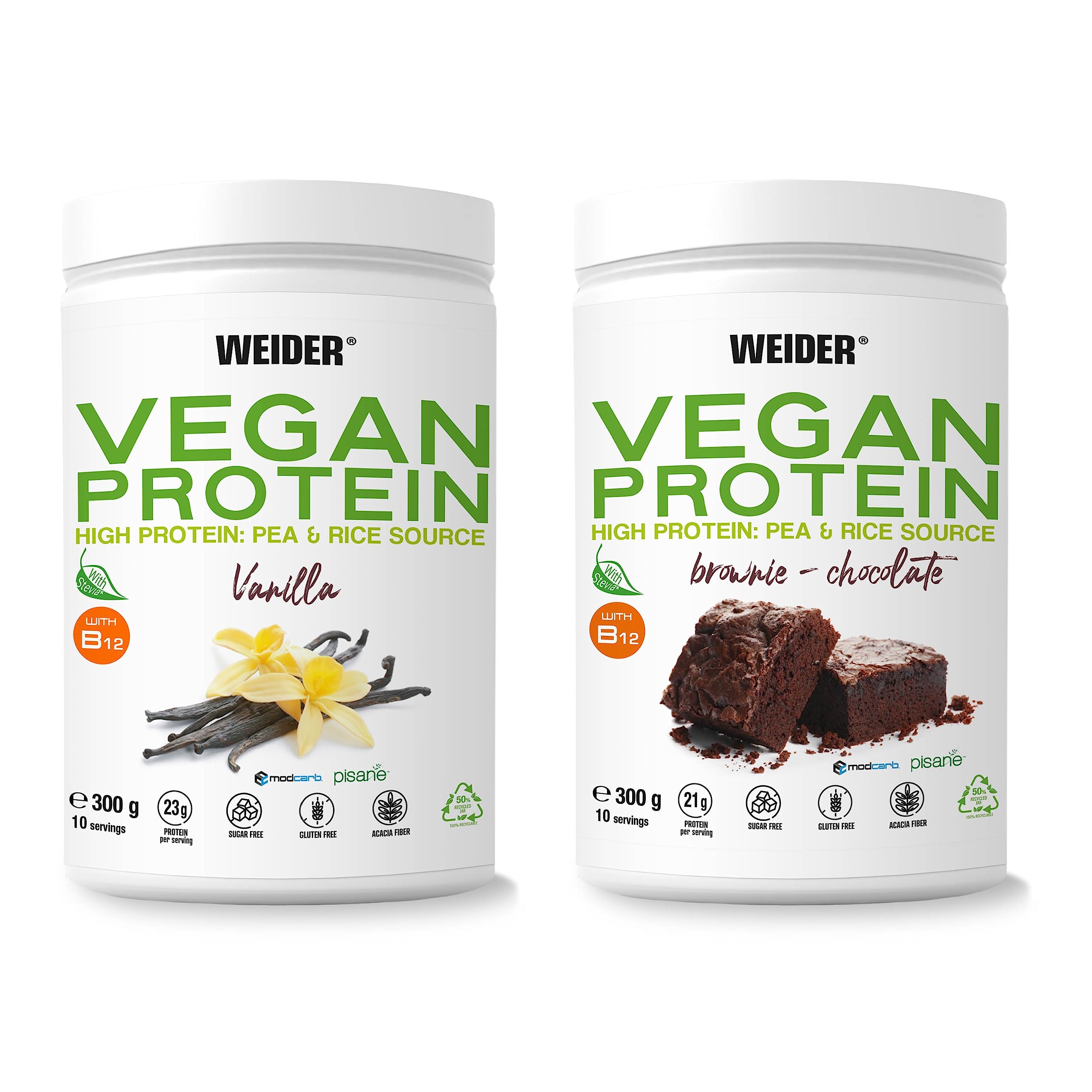 Weider Vegan Protein PACK DUO (2x300g) Sabor Vainilla+Chocolate. Proteína 100% Vegetal Guisantes (Pisane) y Arroz. Con Vitamina B12 y Fibra de Acacia. Sin Gluten, Sin Azúcar. Bote 50% Reciclado.