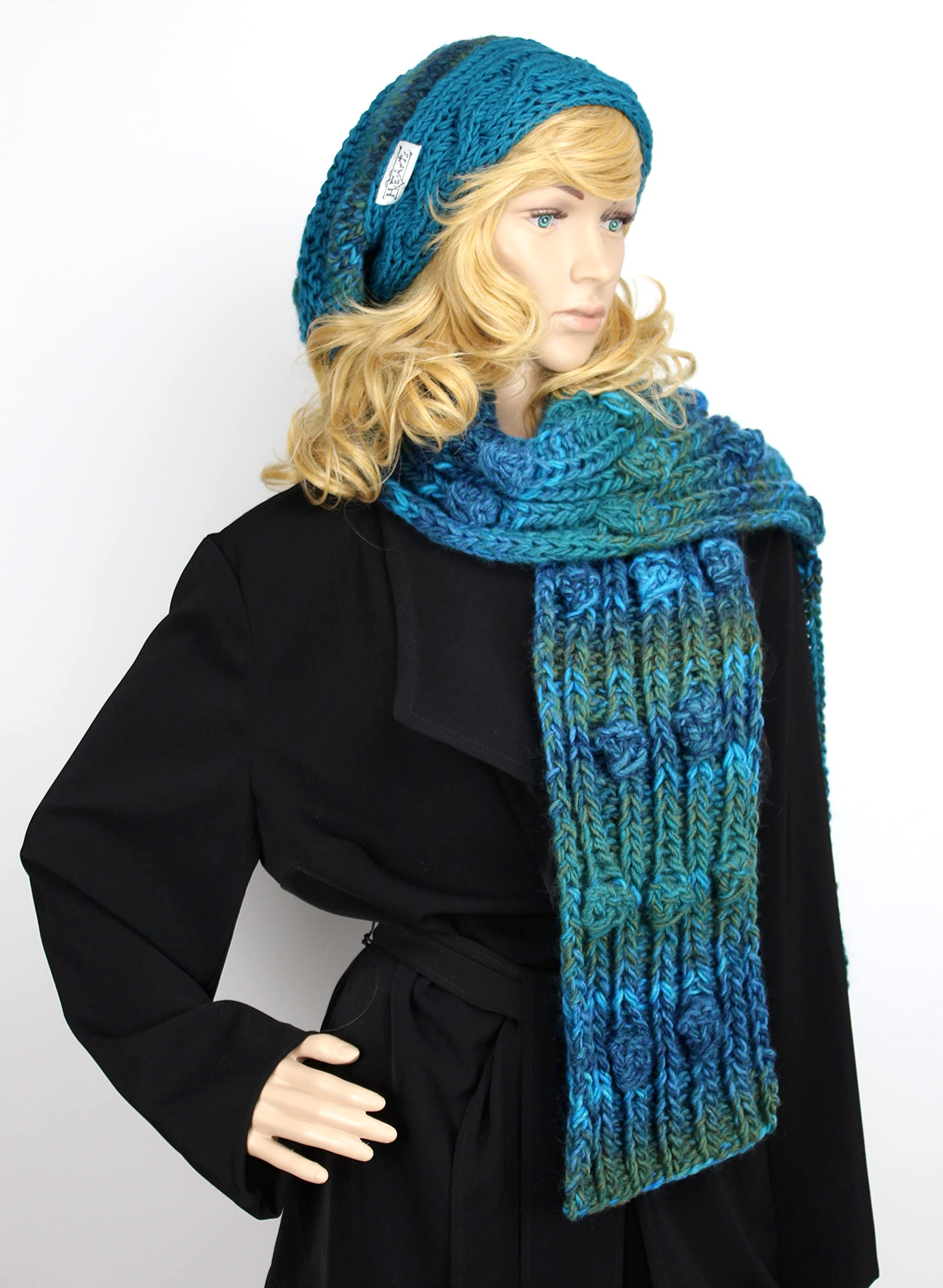 H.E.Arts Strickschal petrol meliert Damen Schal XXL handgestrickt Wollschal