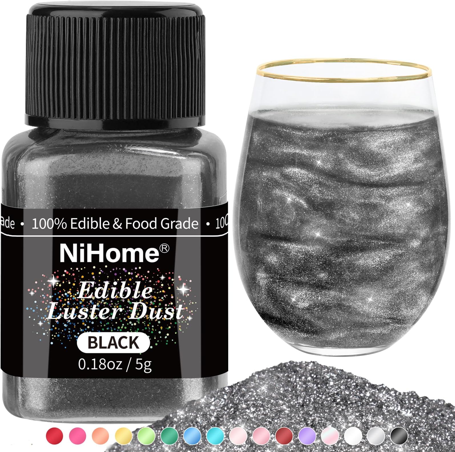 NiHome Edible Food-Grade Glimmer Powder Glitter Luster Dust Metallic Food Decorating Sprinkle Glimmery Dust for Drink Wine Beverage Cake Candy Dessert Bakery Restaurant Vegan (0.18oz/5g, Black)