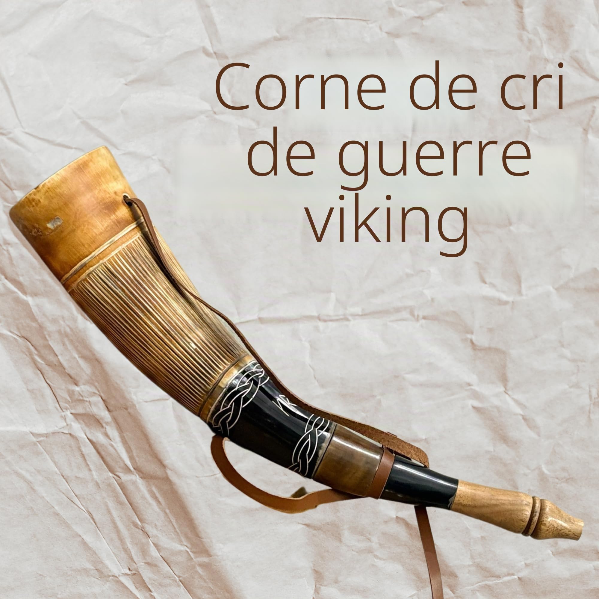 Corne de guerre viking traditionnelle avec sangle en cuir, design celtique décoratif, corne de guerre viking – Trompette de combat de 45,7 cm fabriquée à partir de corne de bœuf authentique de qualité