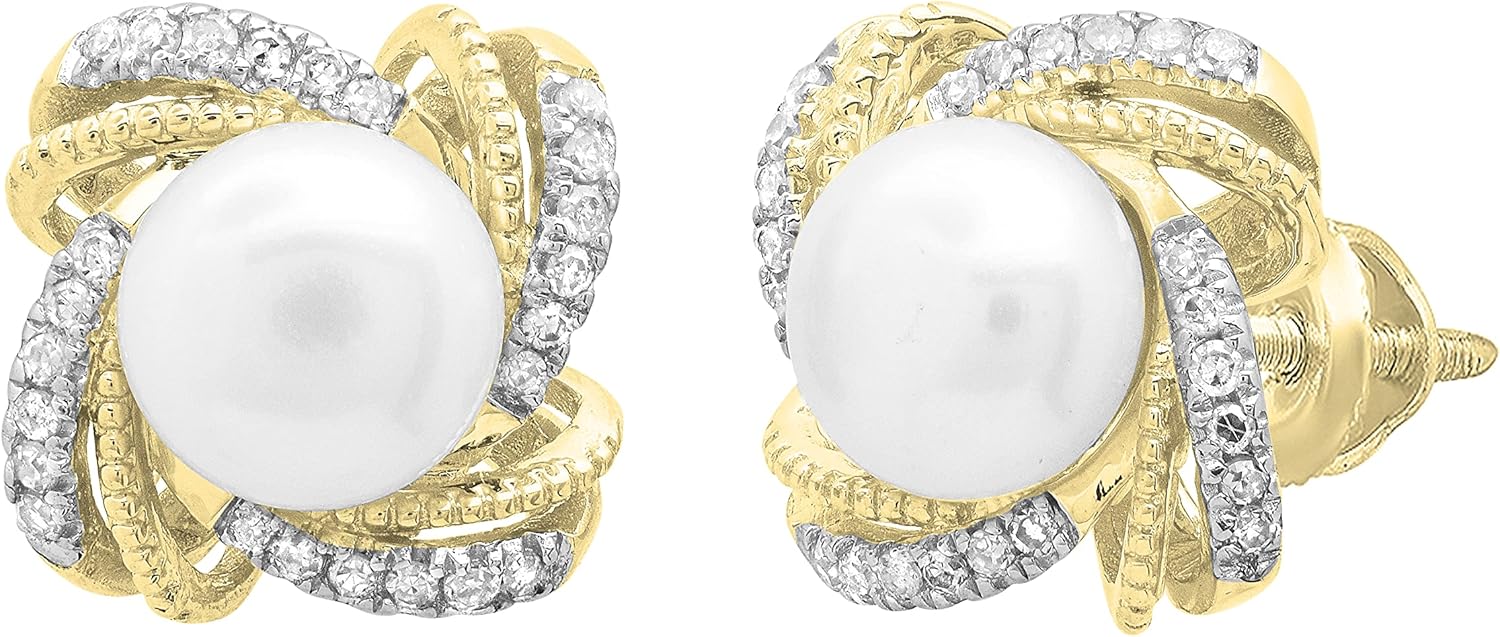 Dazzlingrock Collection 6mm Round White Cultured Freshwater Pearl & White Natural Diamond Squared Double Swirl Stud Earrings for Women, in Real Solid Gold & 925 Sterling Silver