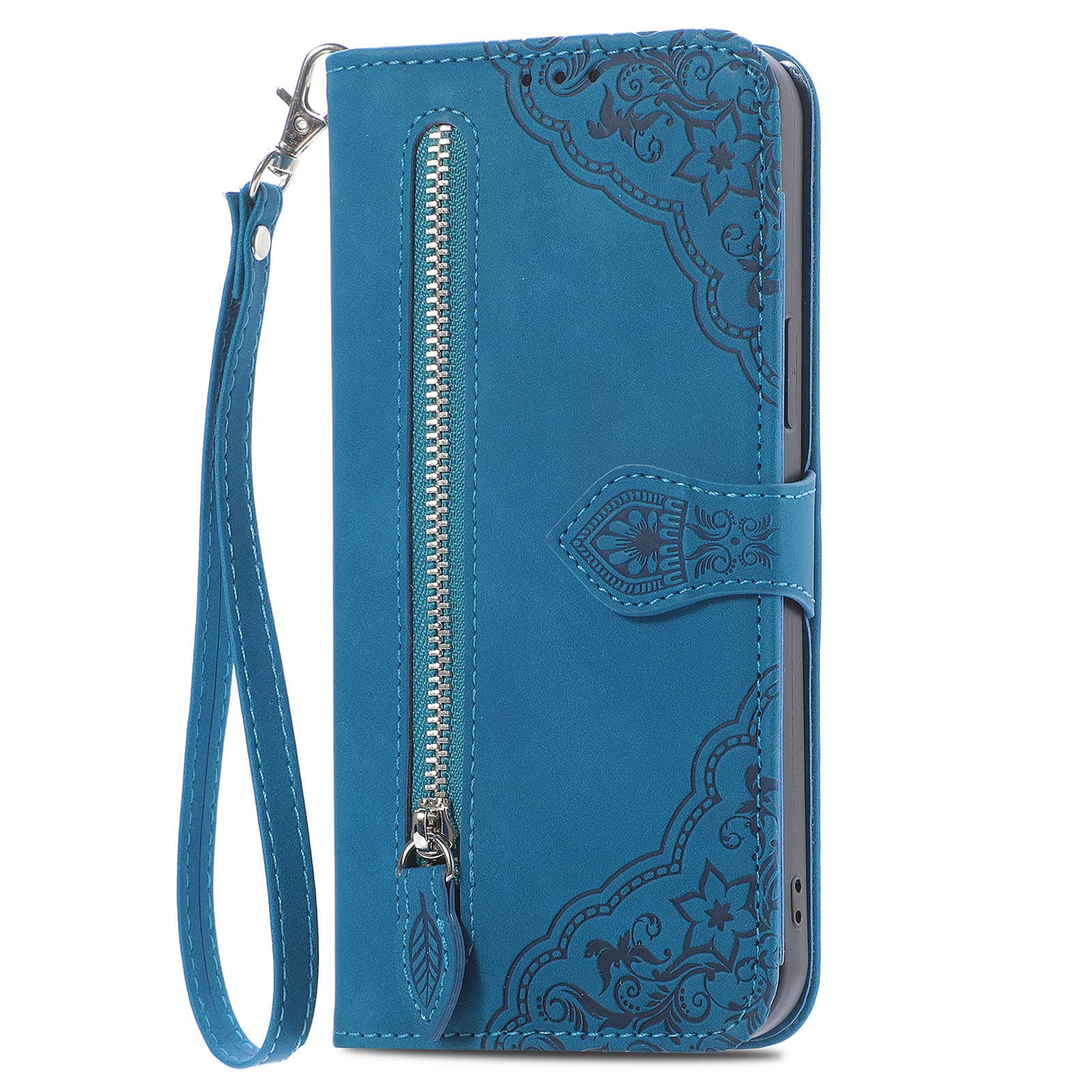 Blotech Blue Flip Wallet For Phone Blackview A55 Pro Embossed Design Pu Leather Case Folio Case Magnetic Shockproof Protective Zipper Cover Glirls Case With Stand Function,7 Card Slots + 1 Pcs Wrist Strap,