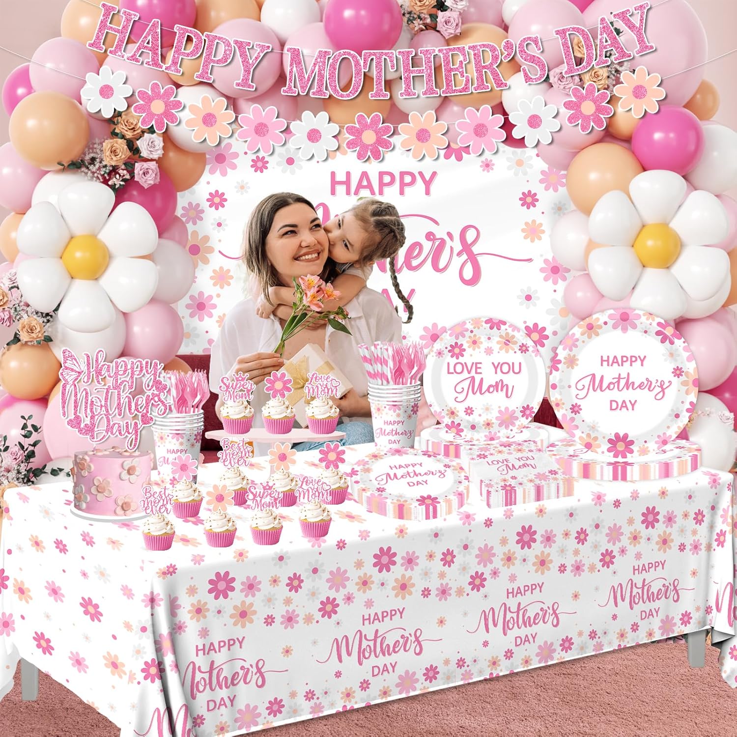 259Pcs Mothers Day Decorations for Party - Happy Mothers Day Paper Plates,Napkins,Balloon,Tablecloth,Banner Pink Daisy Mother's Day Decorations for Best Mom Ever Party Supplies 24 Guests